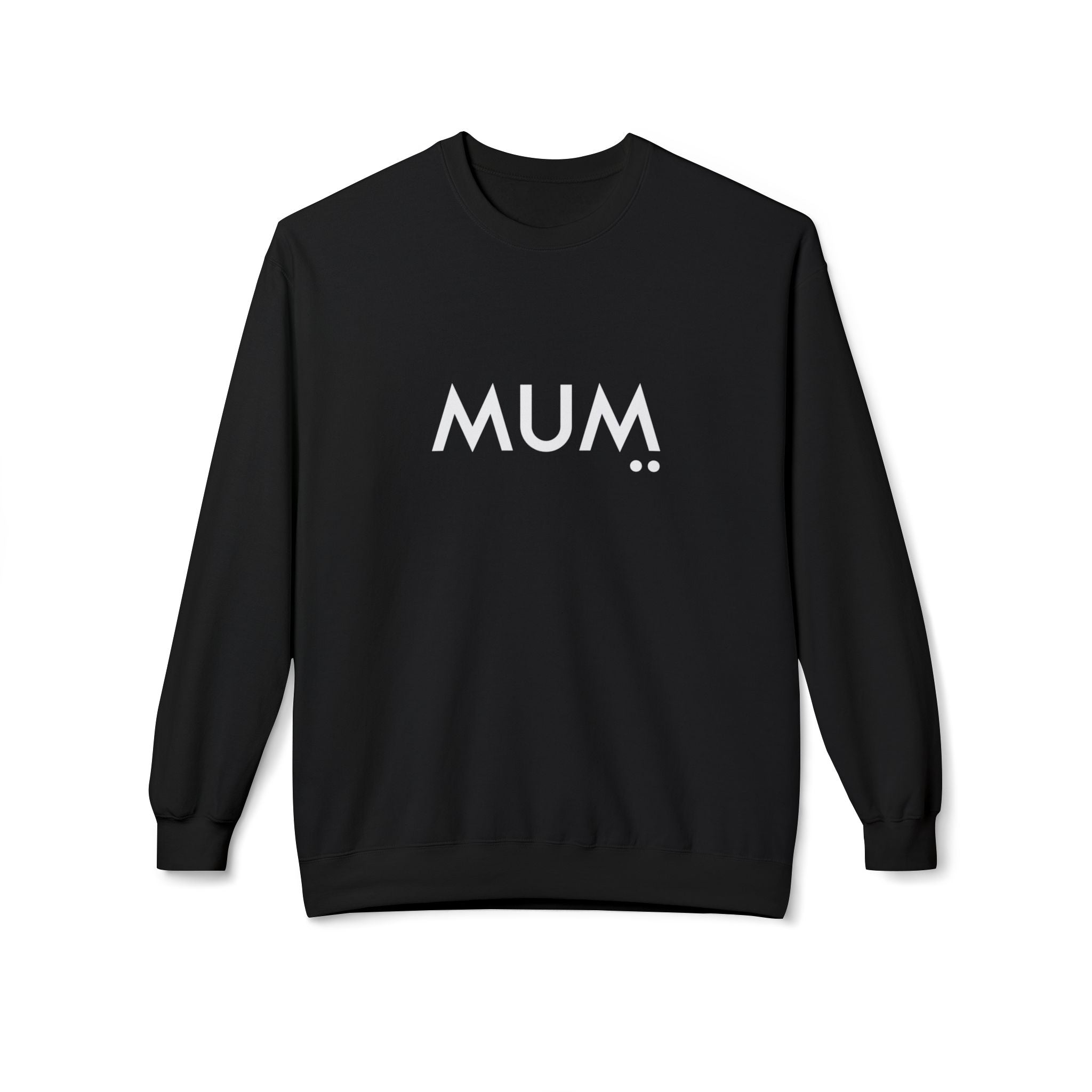 Black sweatshirt with 'MUM' printed on it against a white background