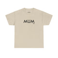 Beige t-shirt with 'MUM' text on a white background