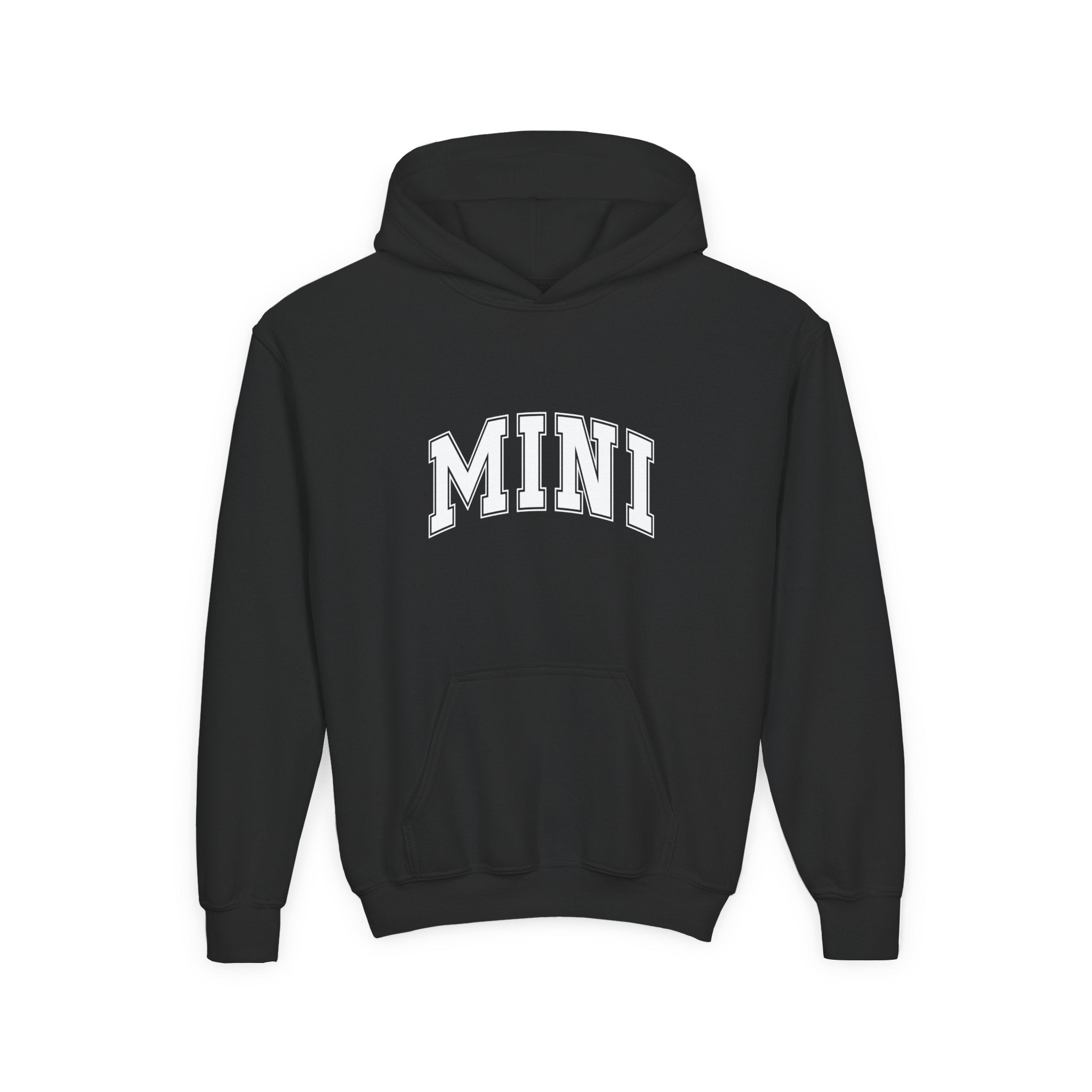 Black hoodie with 'MINI' printed on the back against a white background