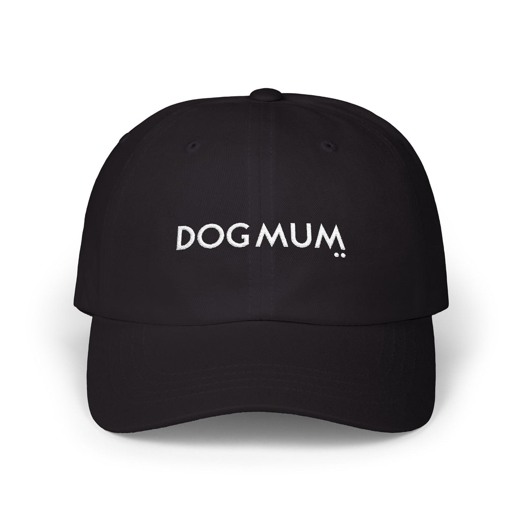 Black cap with 'DOG MUM' text on a white background