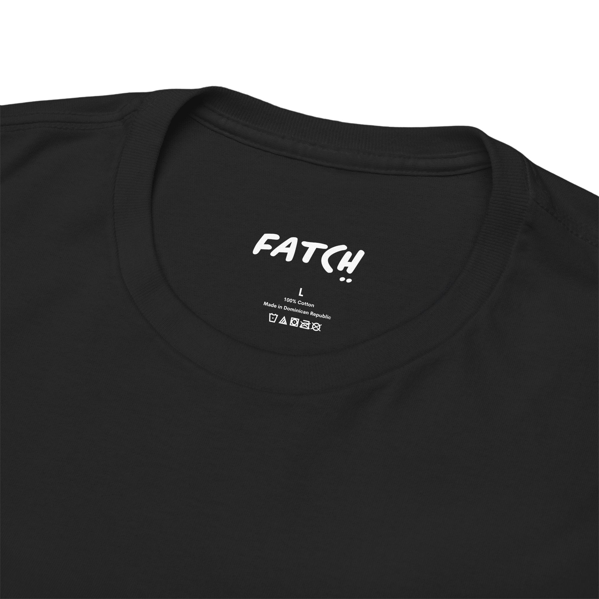 Black t-shirt with 'FATCH' branding on a white background