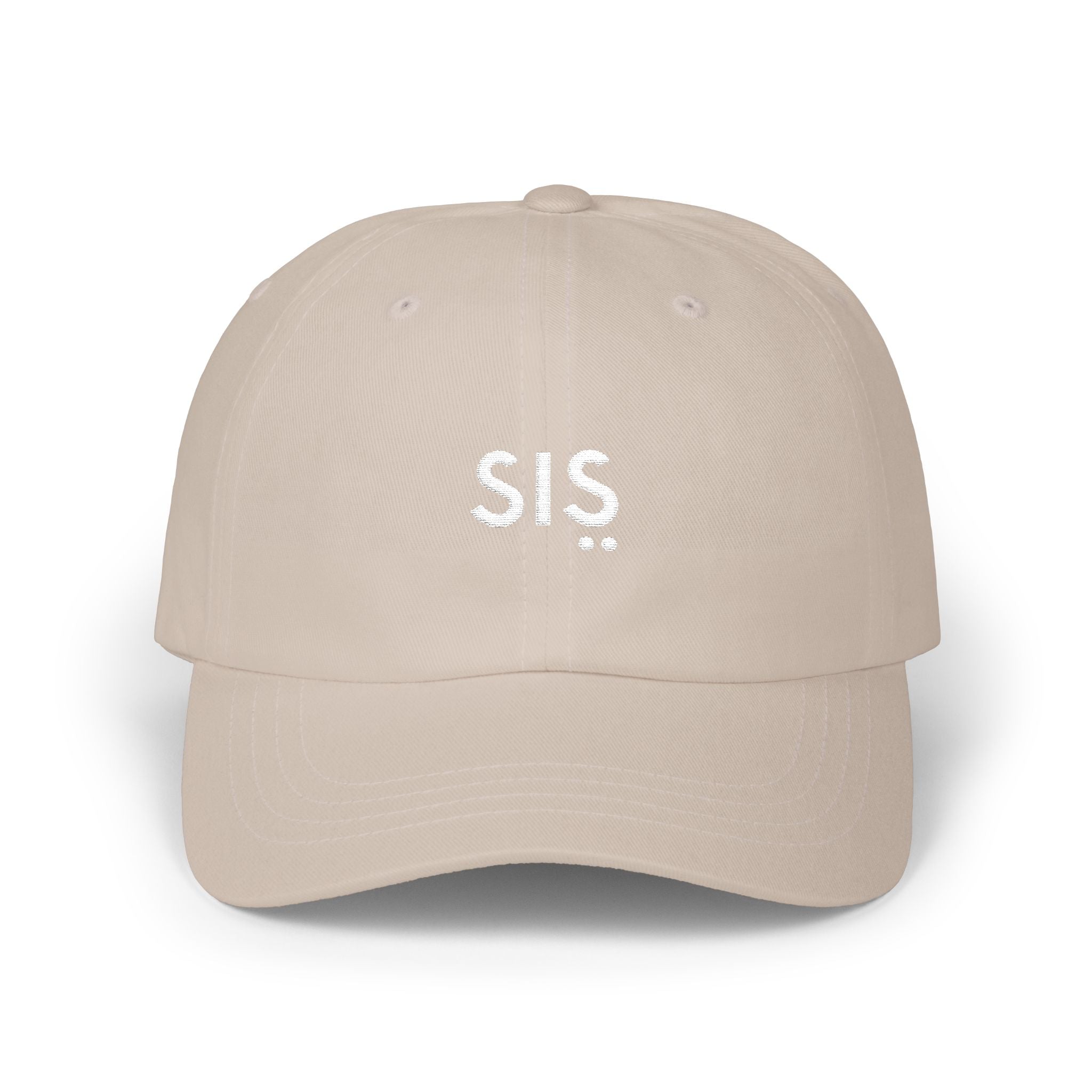 Beige cap with 'SIS' embroidered on a white background