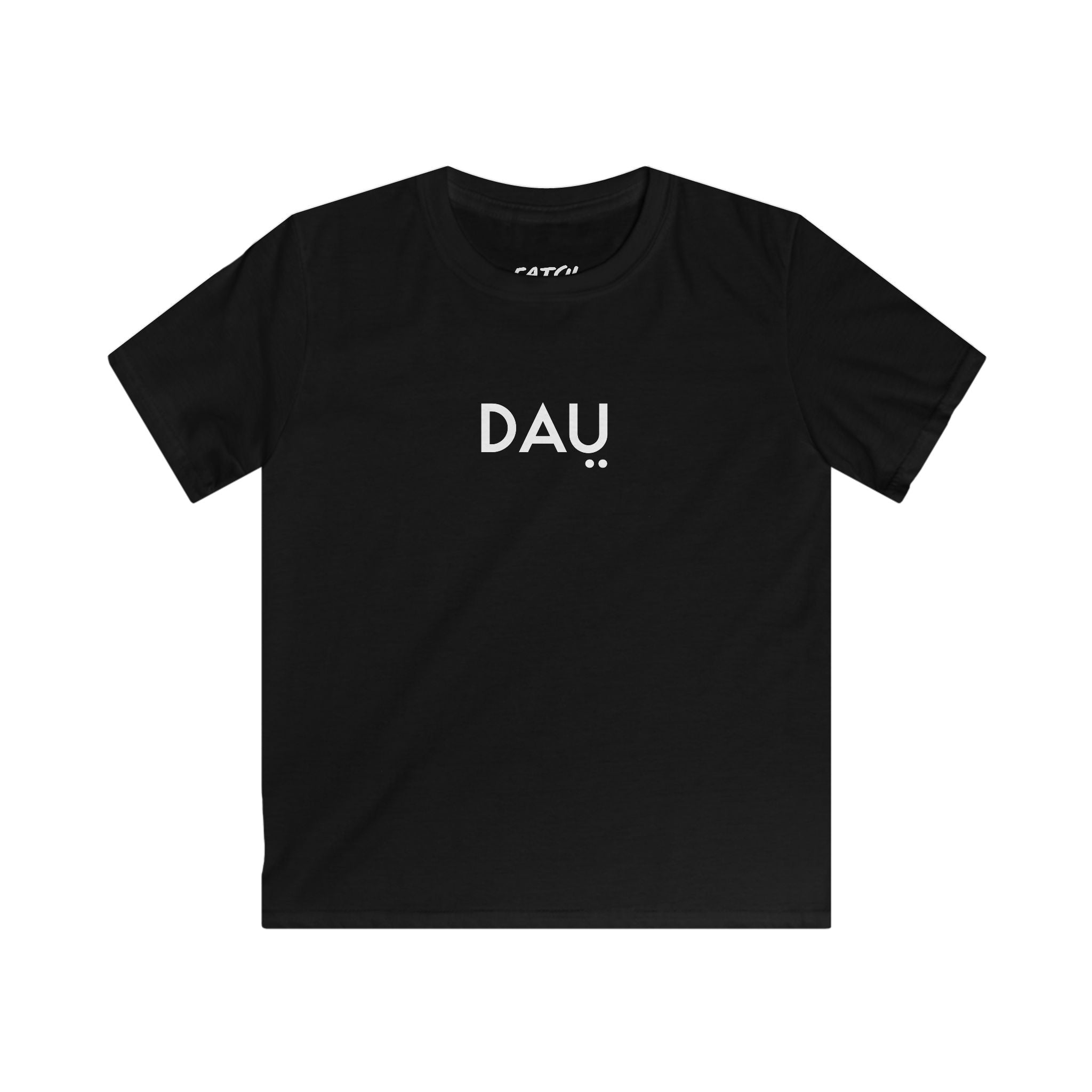 Black t-shirt with 'DAU' printed on it against a white background
