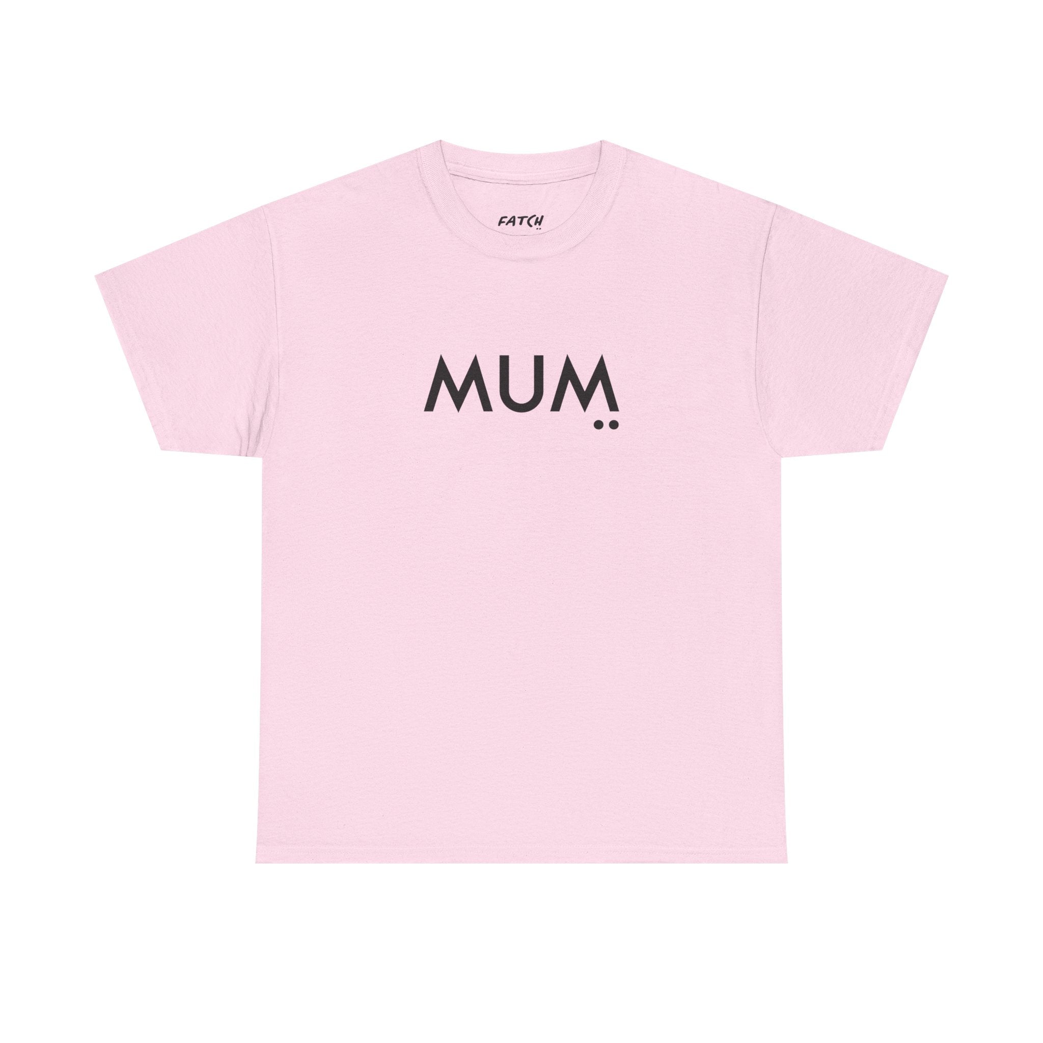 Pink t-shirt with 'MUM' printed on it against a white background