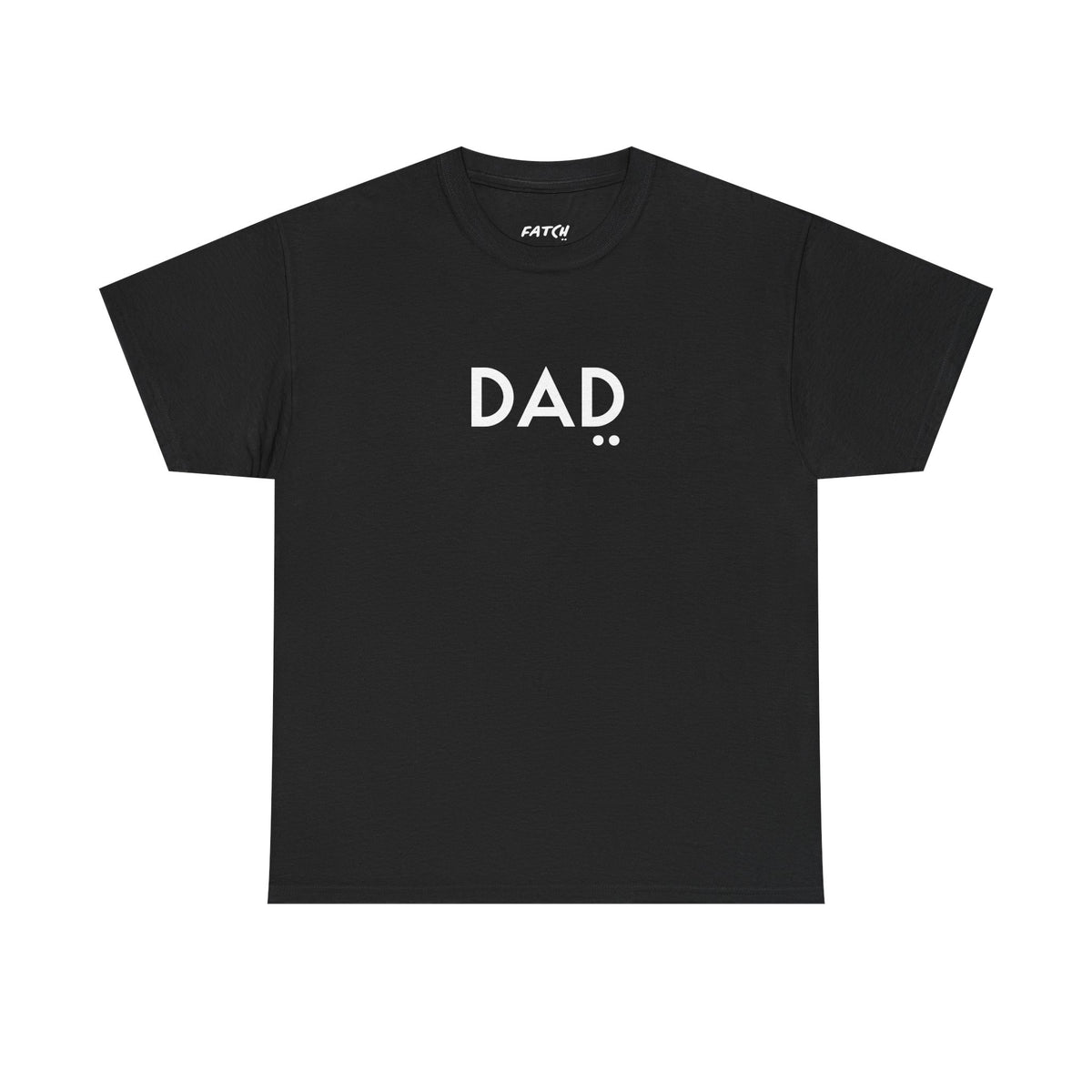 Black t-shirt with 'DAD' printed on it against a white background