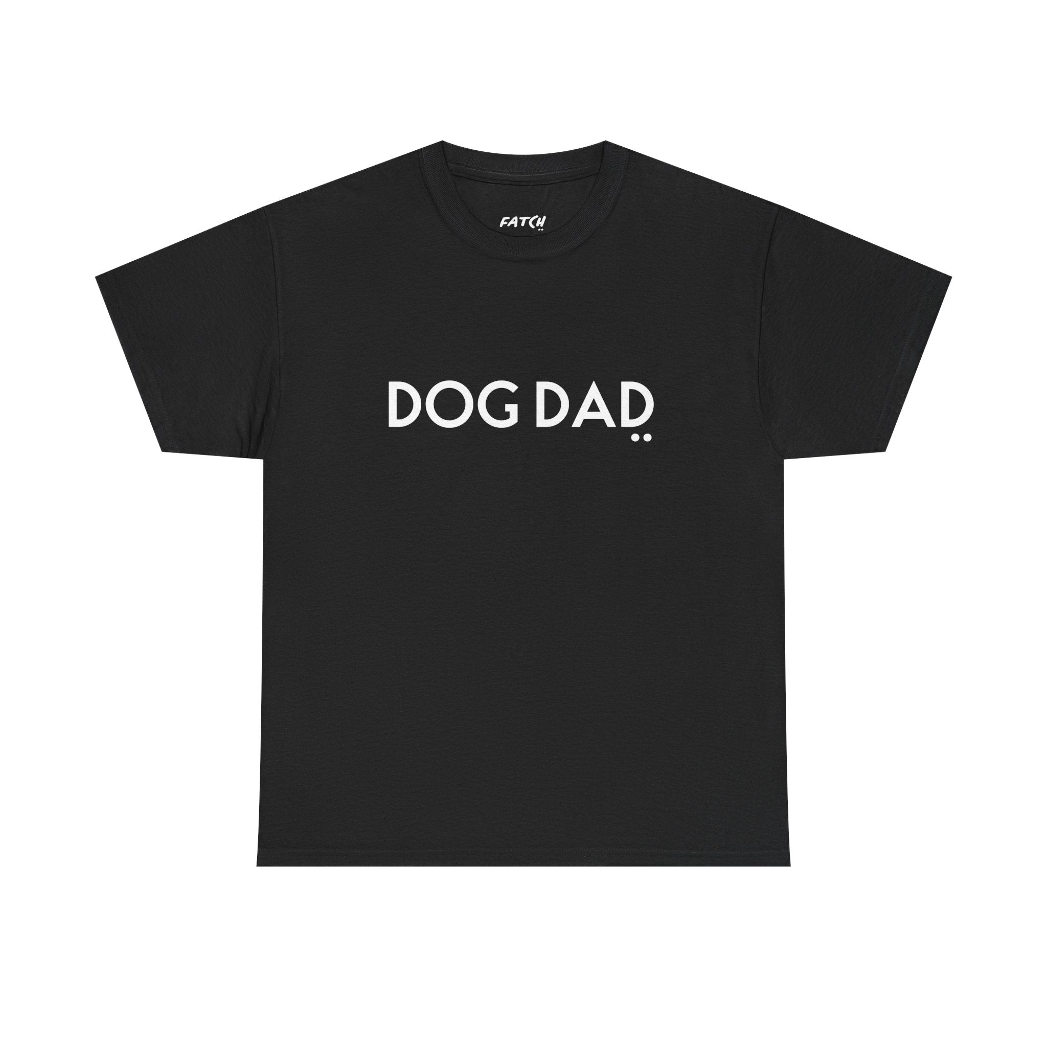 Black t-shirt with 'DOG DAD' text on a white background