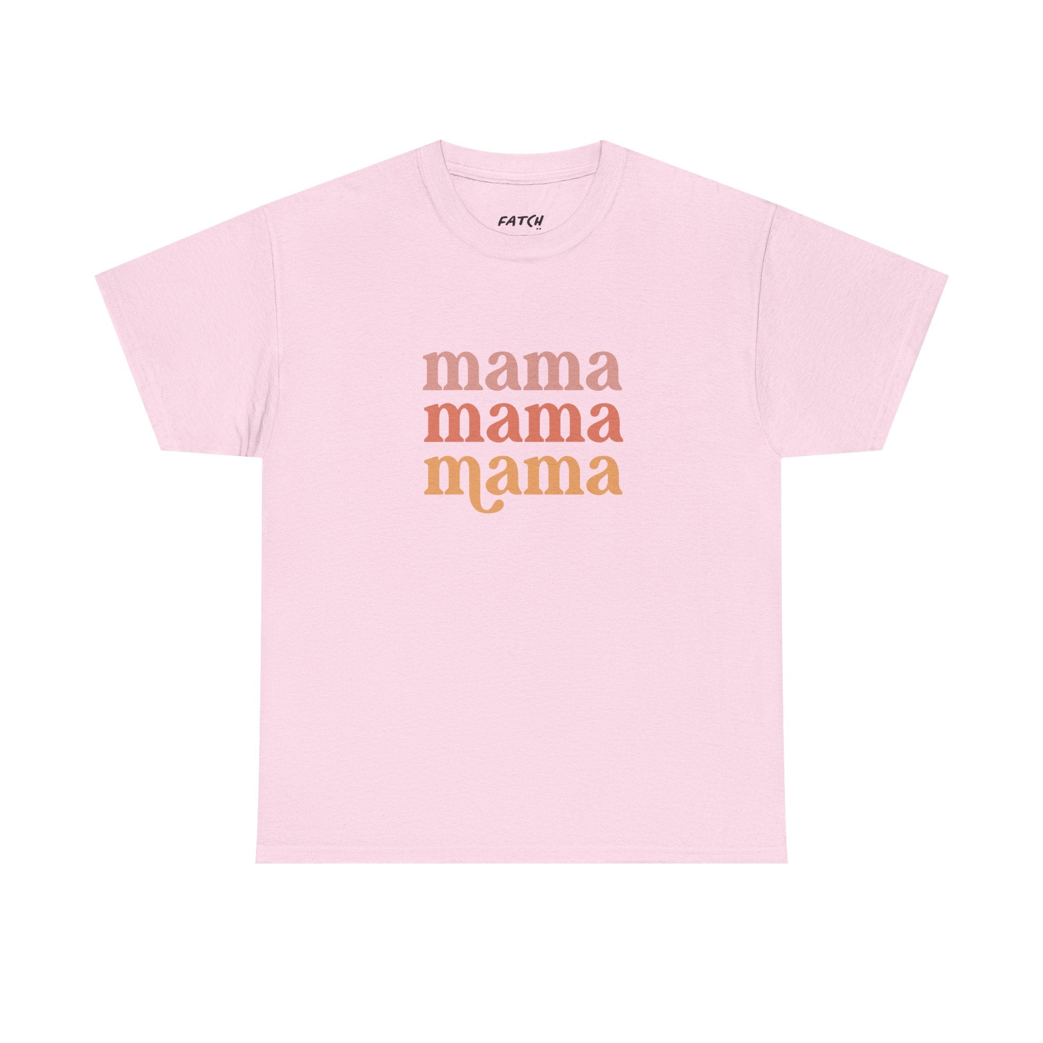 Pink t-shirt with 'mama' text in orange on a white background