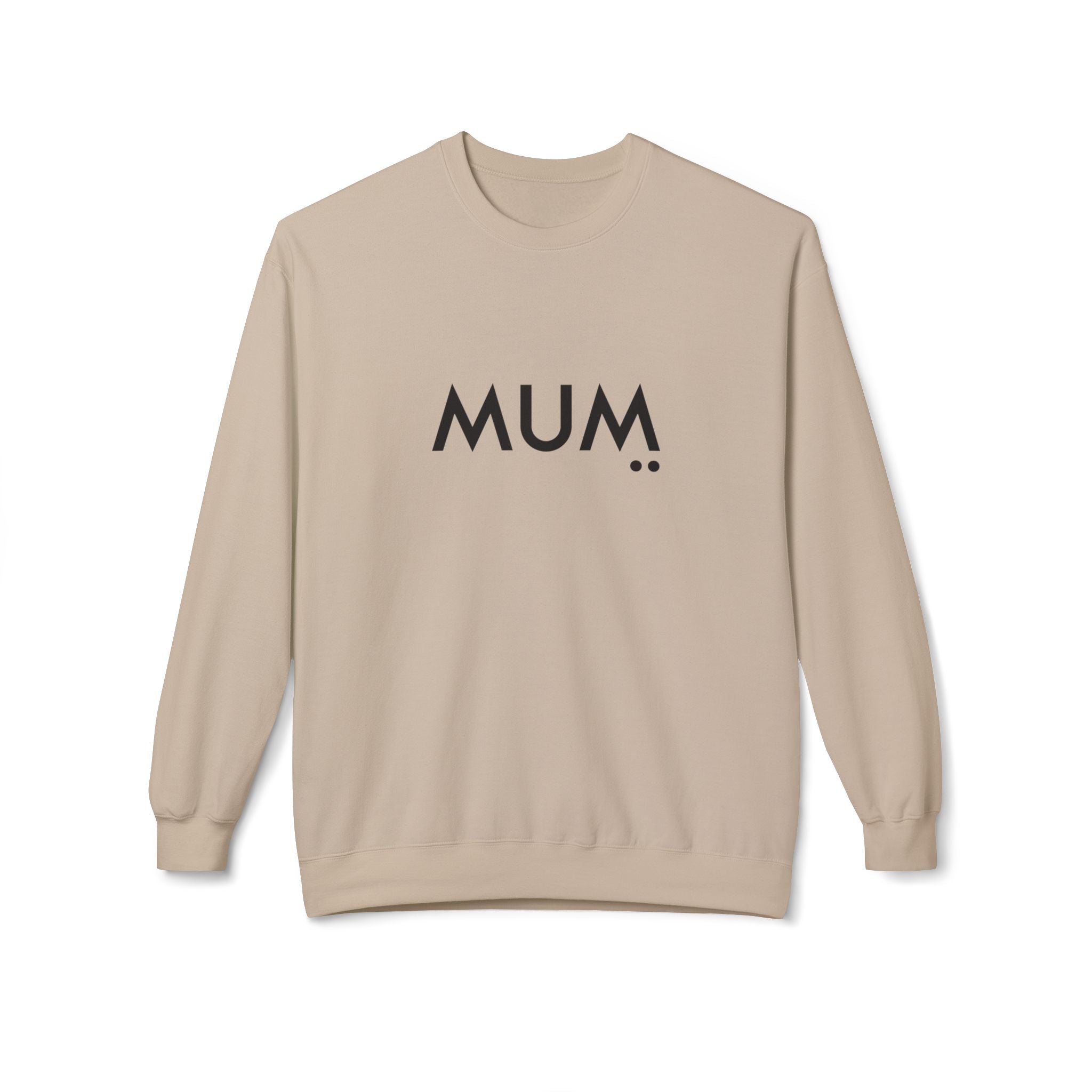 Beige sweatshirt with 'MUM' printed on it against a white background