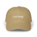 Khaki cap with 'CAT DAD' text on a white background