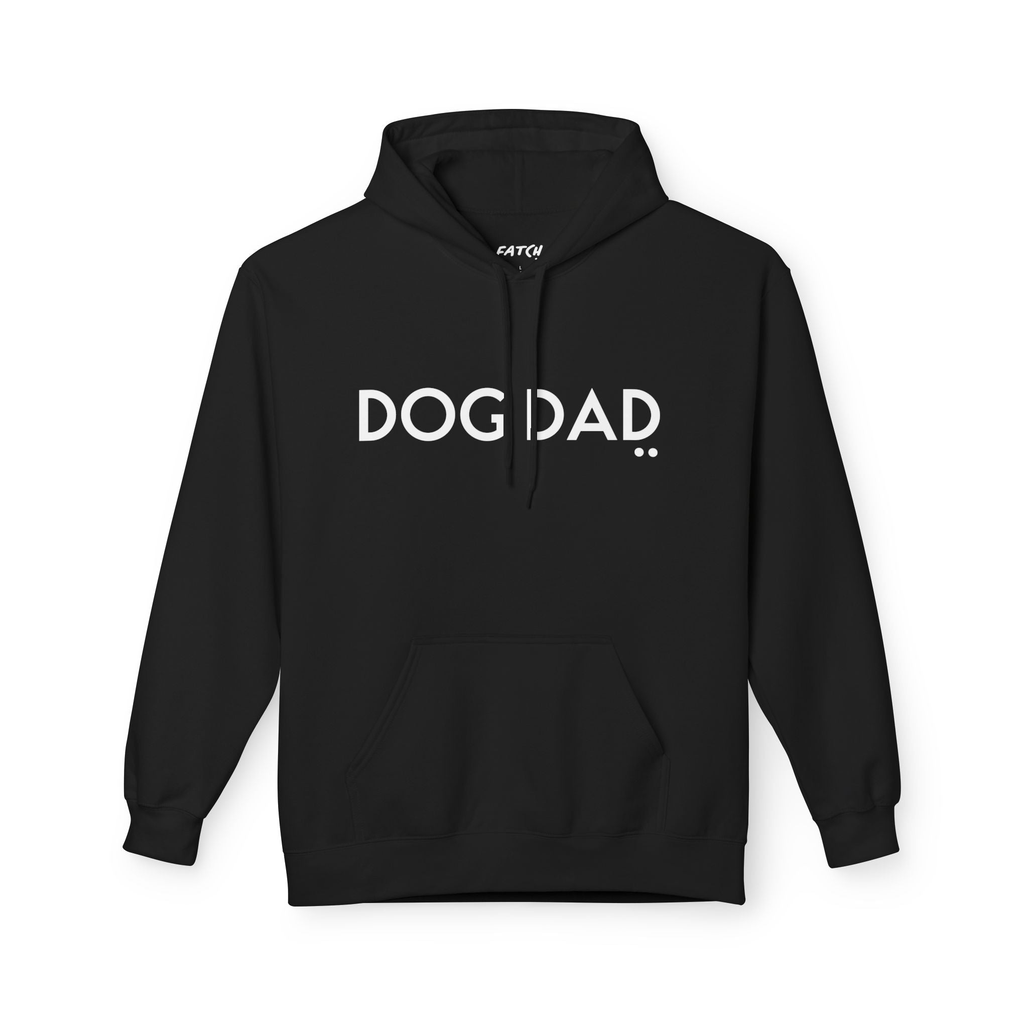 Black hoodie with 'DOG DAD' text on a white background