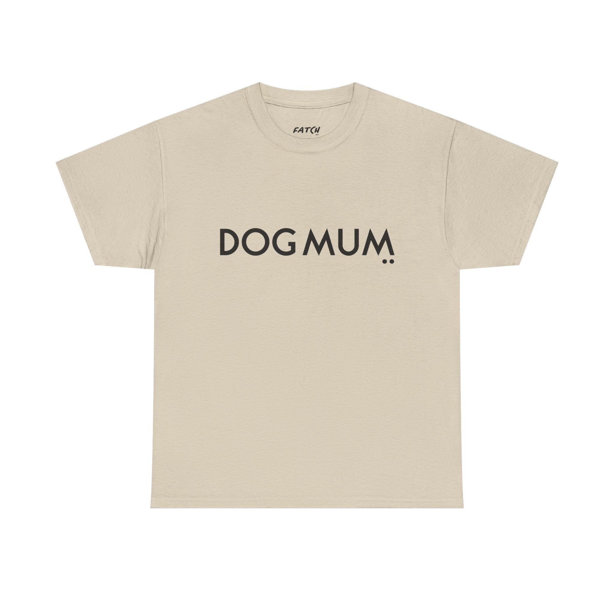 Beige t-shirt with 'DOG MUM' text on a white background