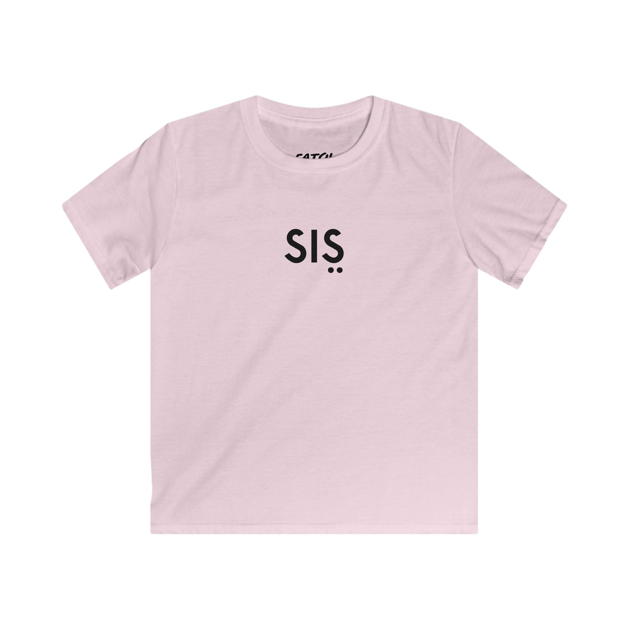 Pink t-shirt with 'SIS' printed on it against a white background