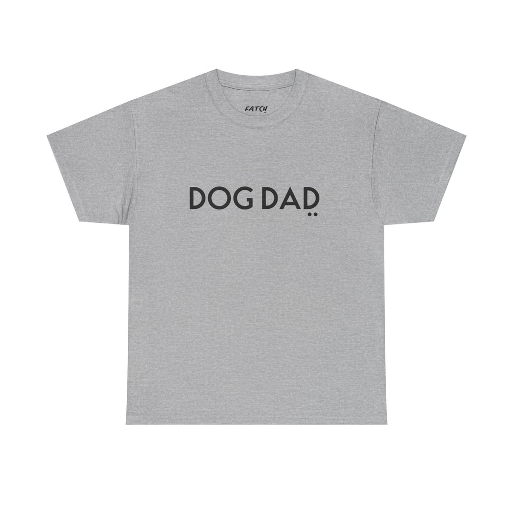 Gray t-shirt with 'DOG DAD' text on a white background