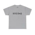 Gray t-shirt with 'DOG DAD' text on a white background