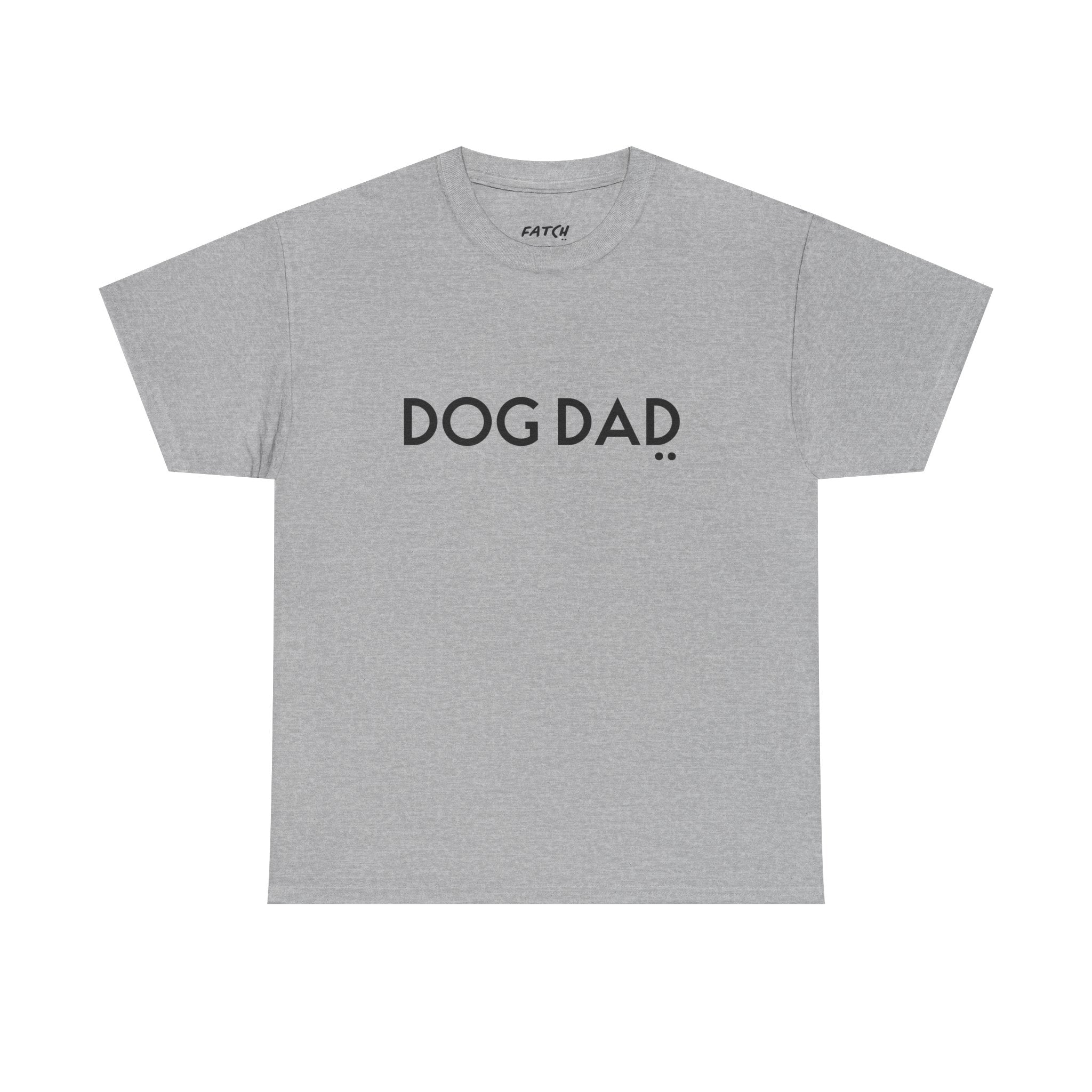 Gray t-shirt with 'DOG DAD' text on a white background