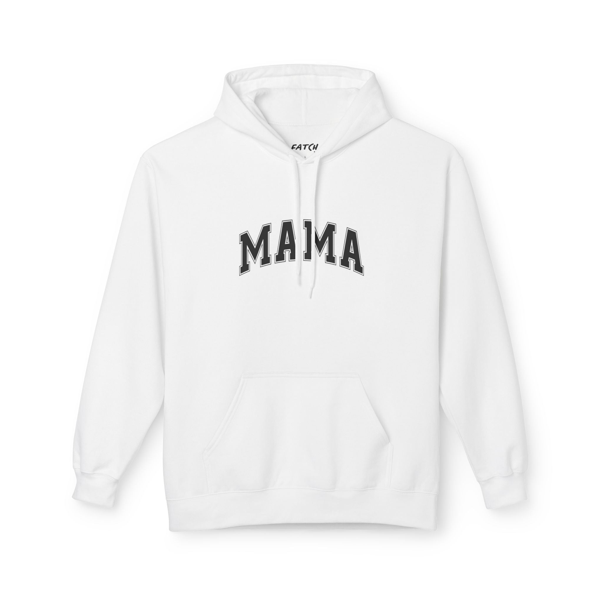 White hoodie with 'MAMA' text on a white background