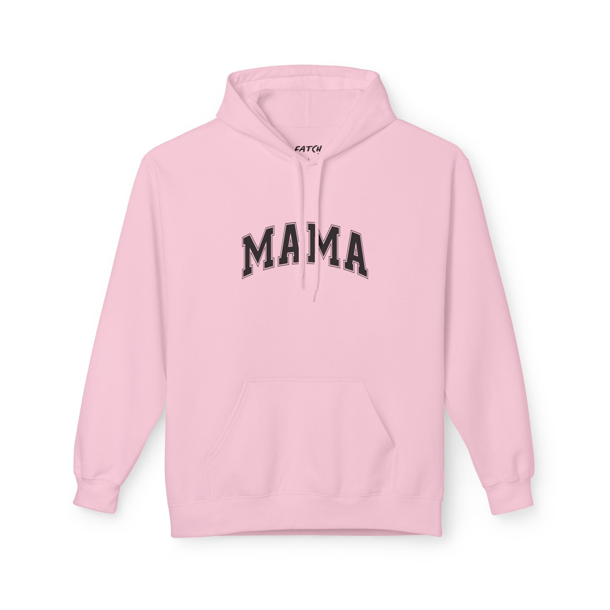 Pink hoodie with 'MAMA' text on a white background