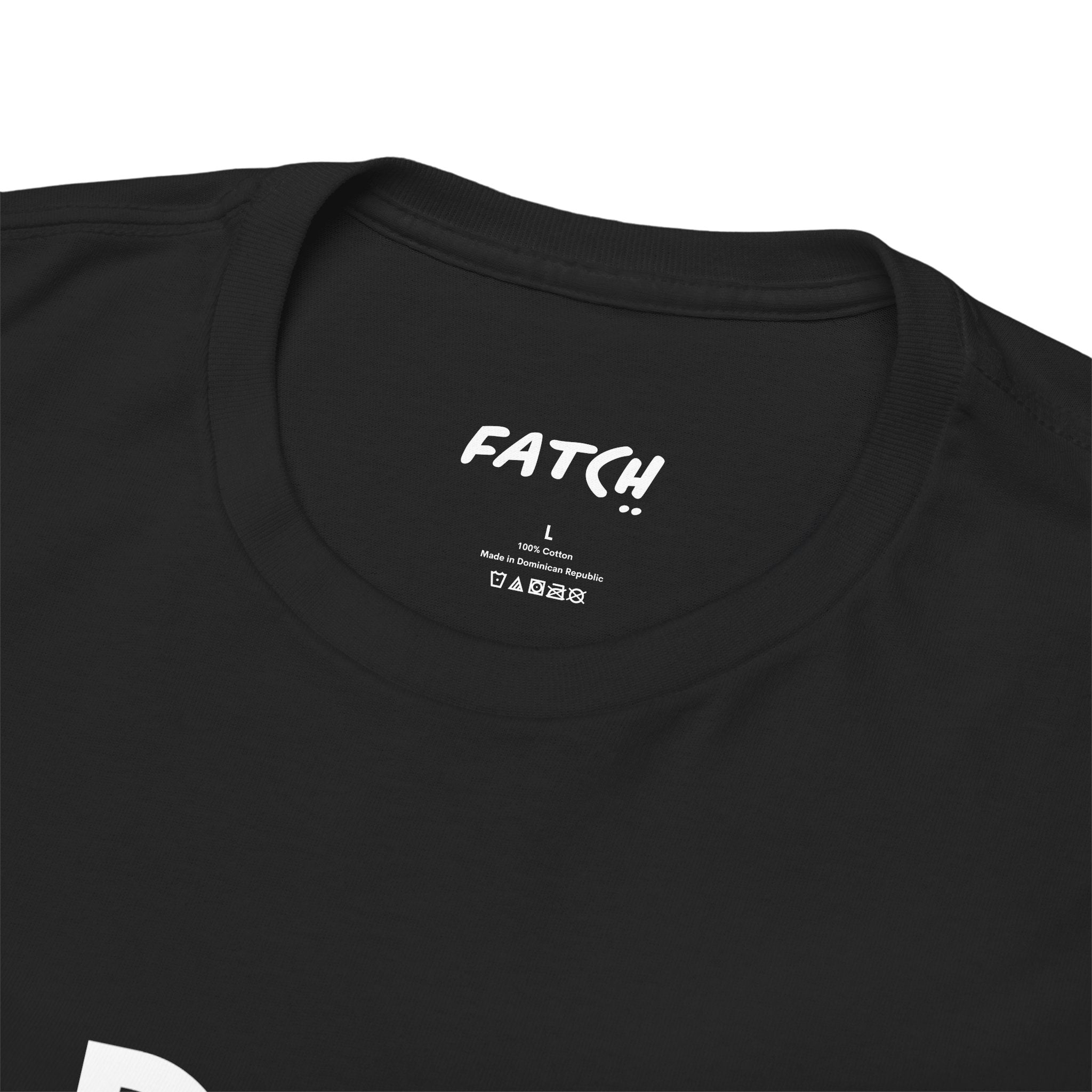 Black t-shirt with 'FATCH' branding on a white background