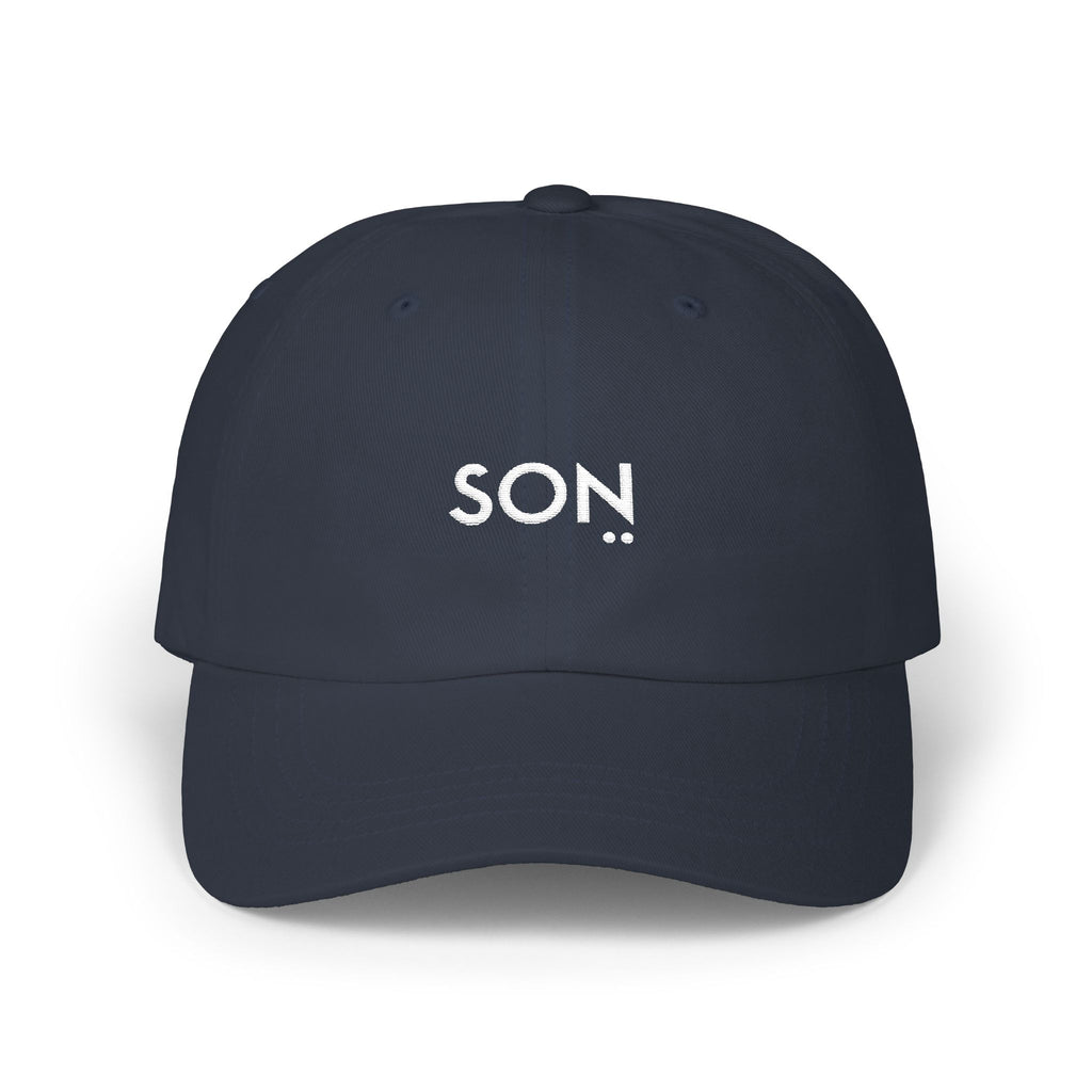 Navy blue cap with 'SON' embroidered on a white background