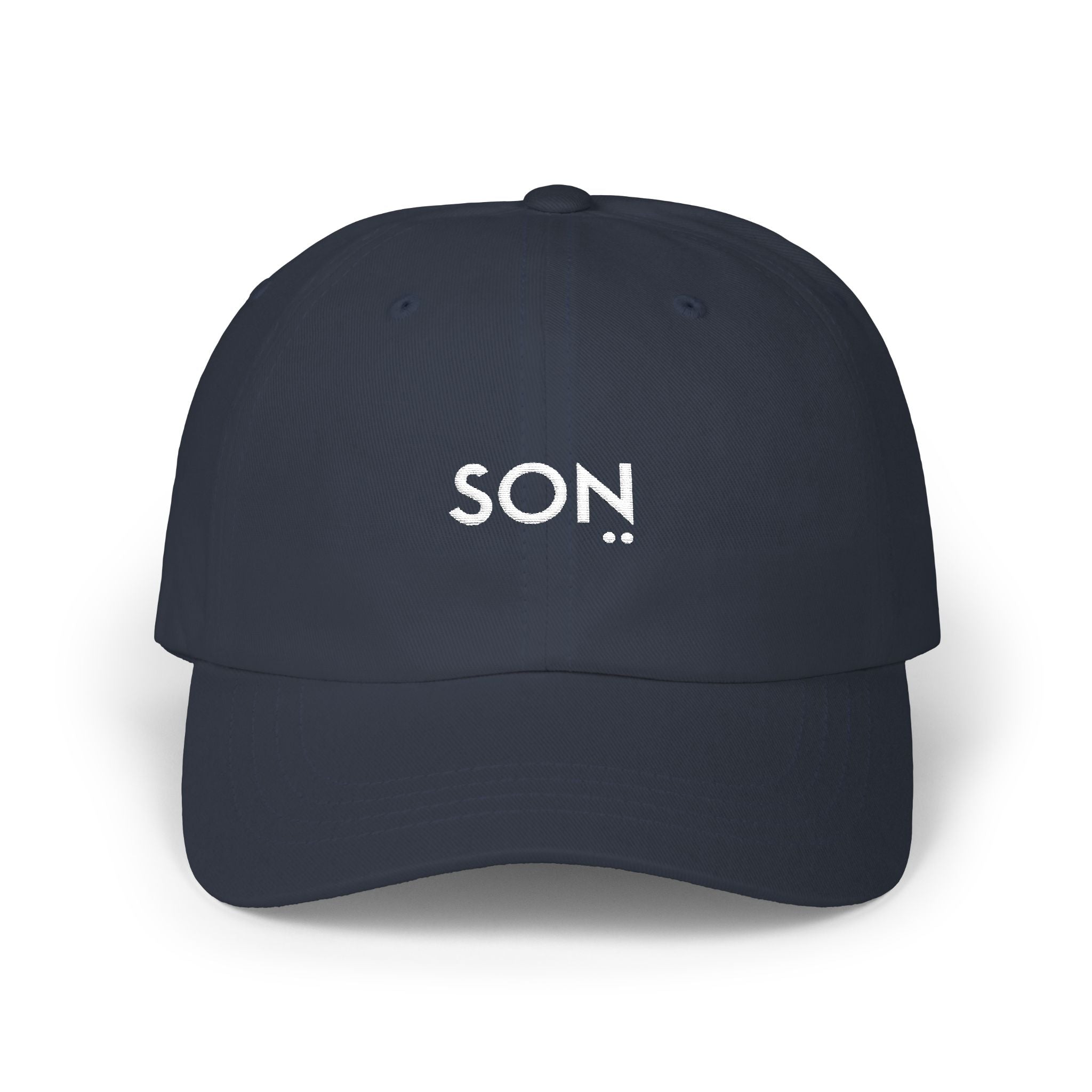 Navy blue cap with 'SON' embroidered on a white background