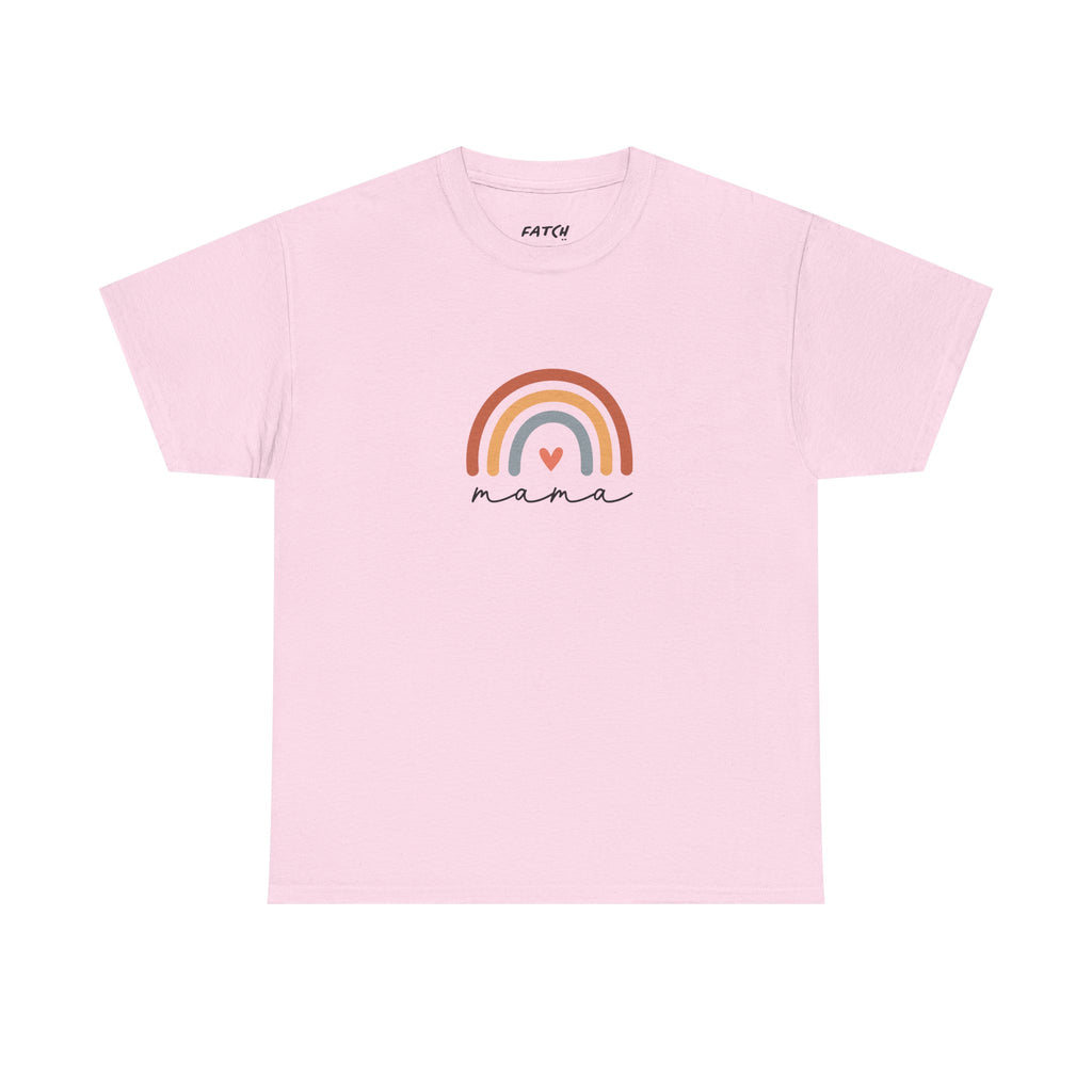Pink t-shirt with rainbow and 'mama' text on a white background