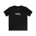 Black t-shirt with 'PRINCE' printed on it against a white background