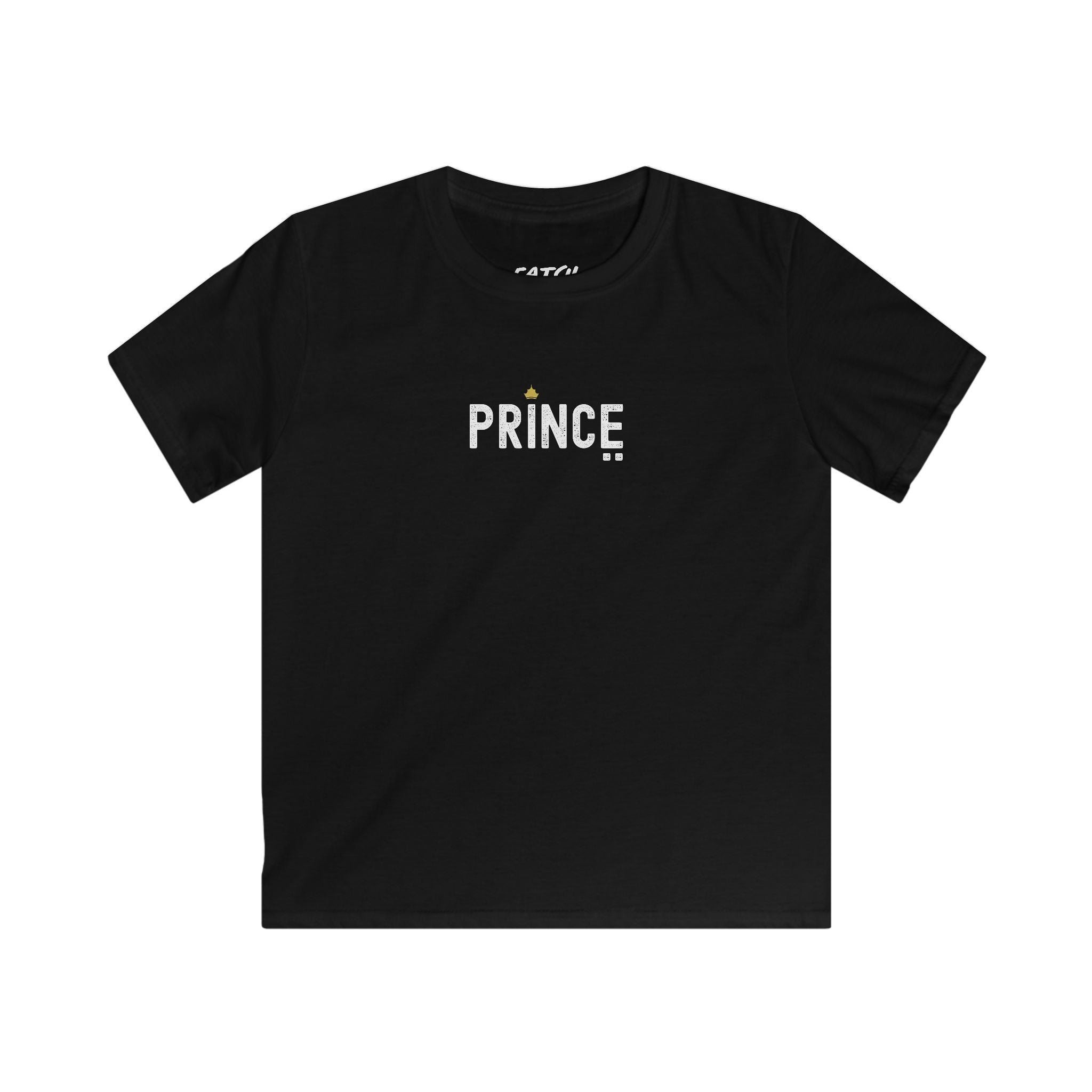 Black t-shirt with 'PRINCE' printed on it against a white background
