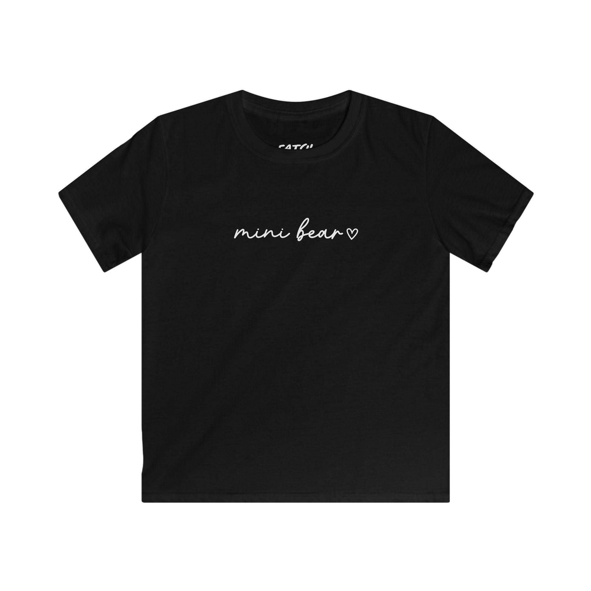 Black t-shirt with 'mini bear' text on a white background