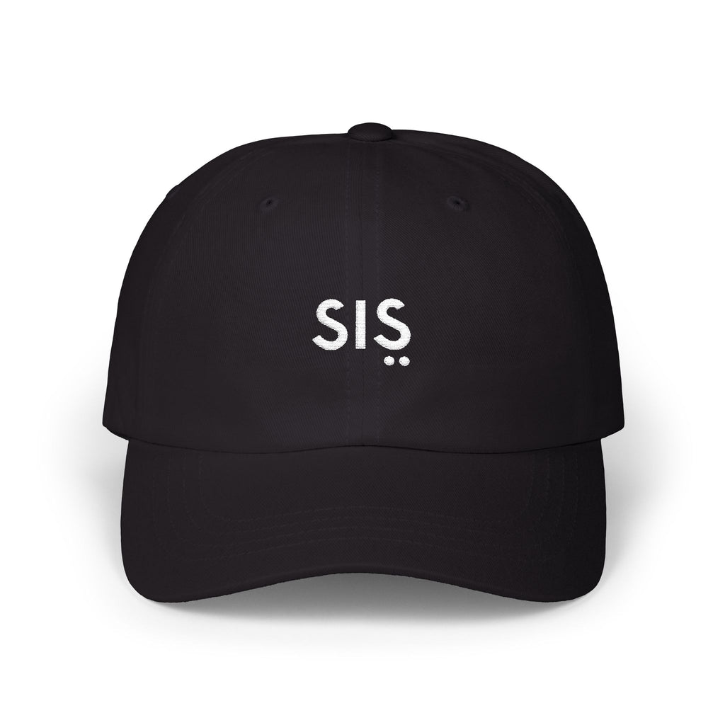 Black cap with 'SIS' embroidered on a white background