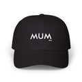 Black cap with 'MUM' printed on it against a white background