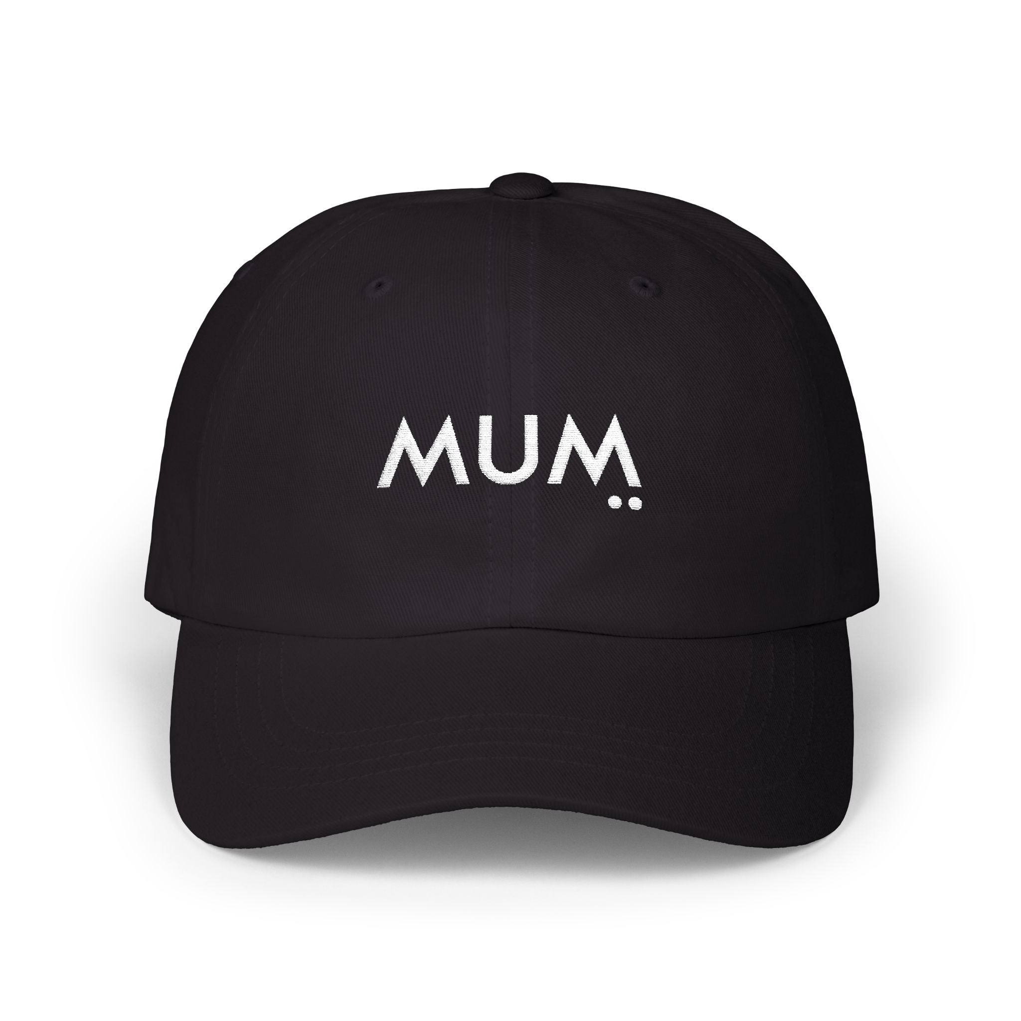 Black cap with 'MUM' printed on it against a white background