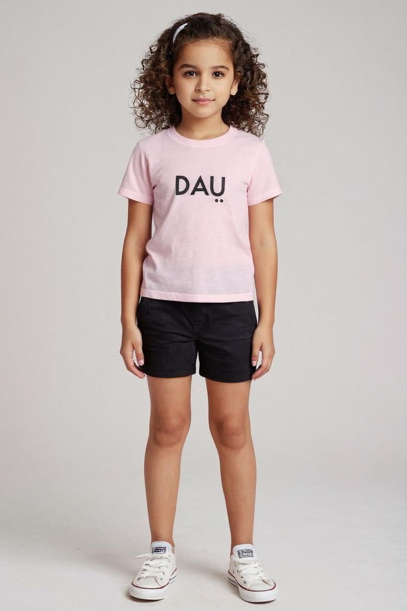 Child wearing a pink t-shirt with 'DAU' text on a plain background