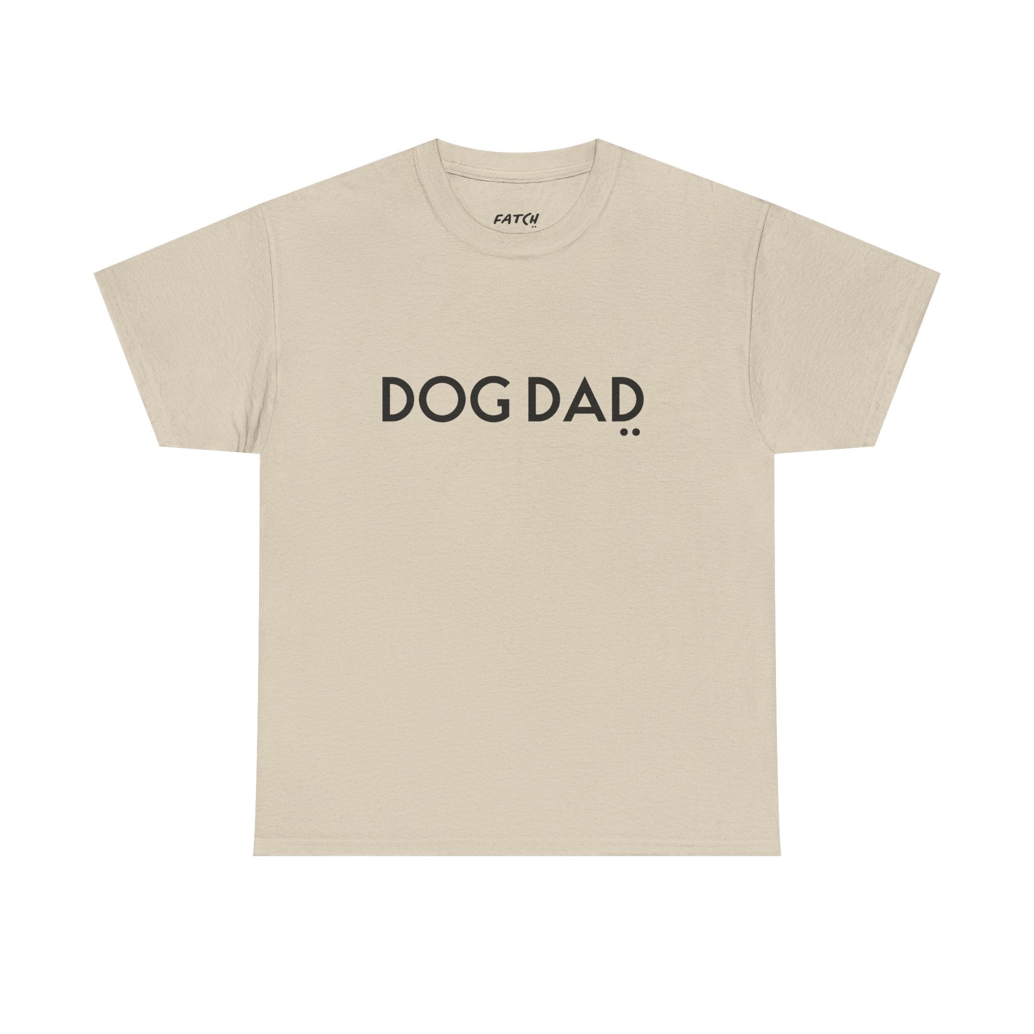 Beige t-shirt with 'DOG DAD' text on a white background