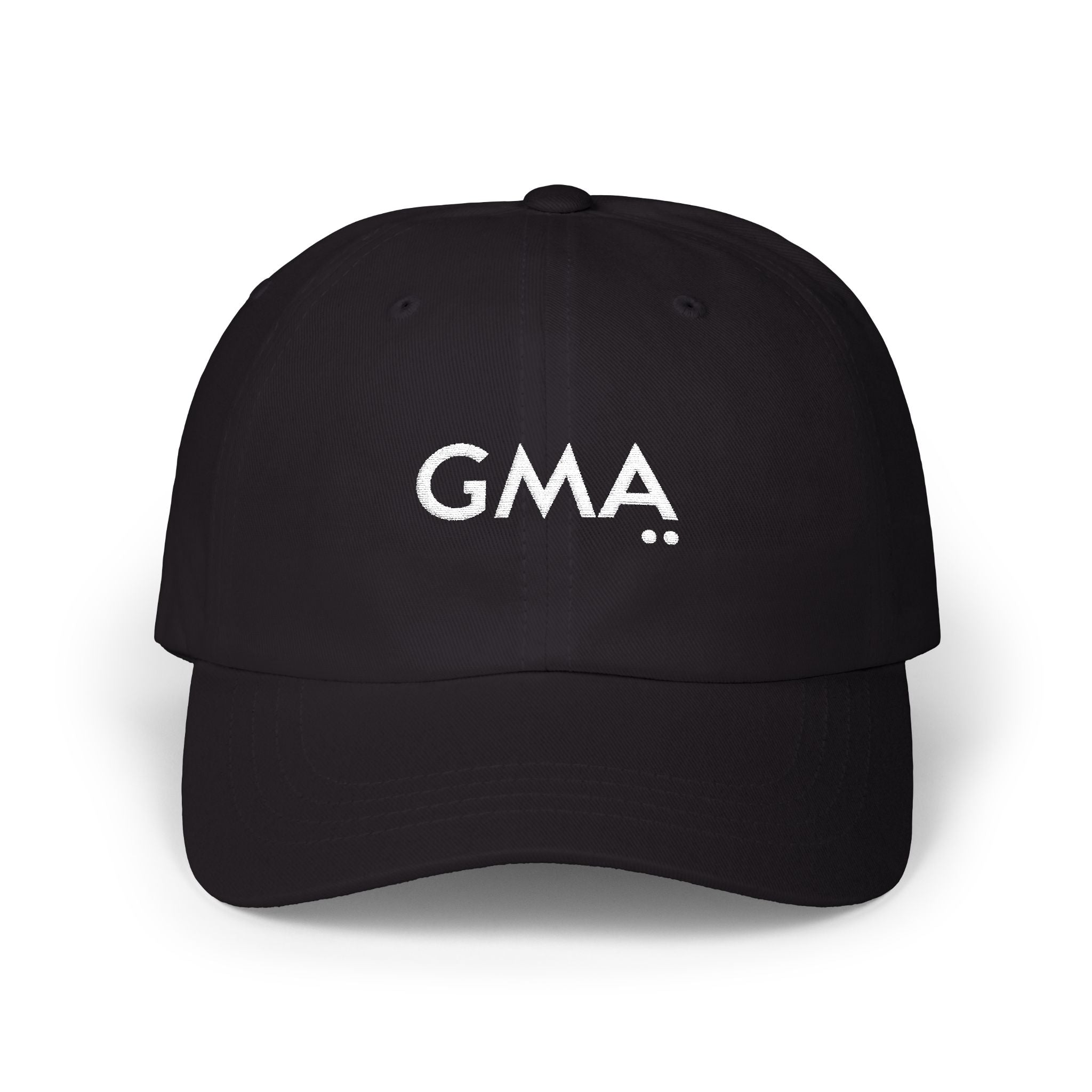 Black cap with 'GMA' logo on a white background