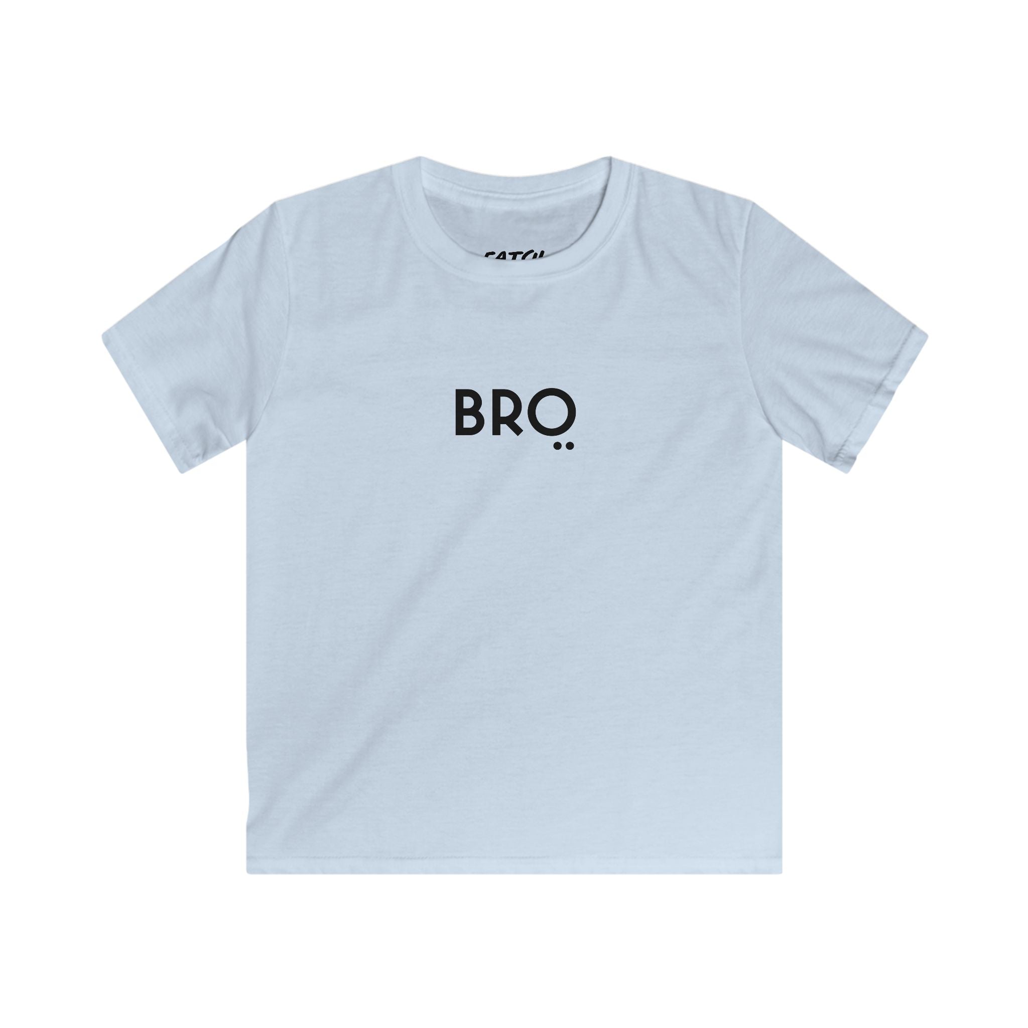Light blue t-shirt with ' BRO ' printed on it against a white background
