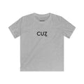 Gray t-shirt with 'CUZ' printed on it against a white background