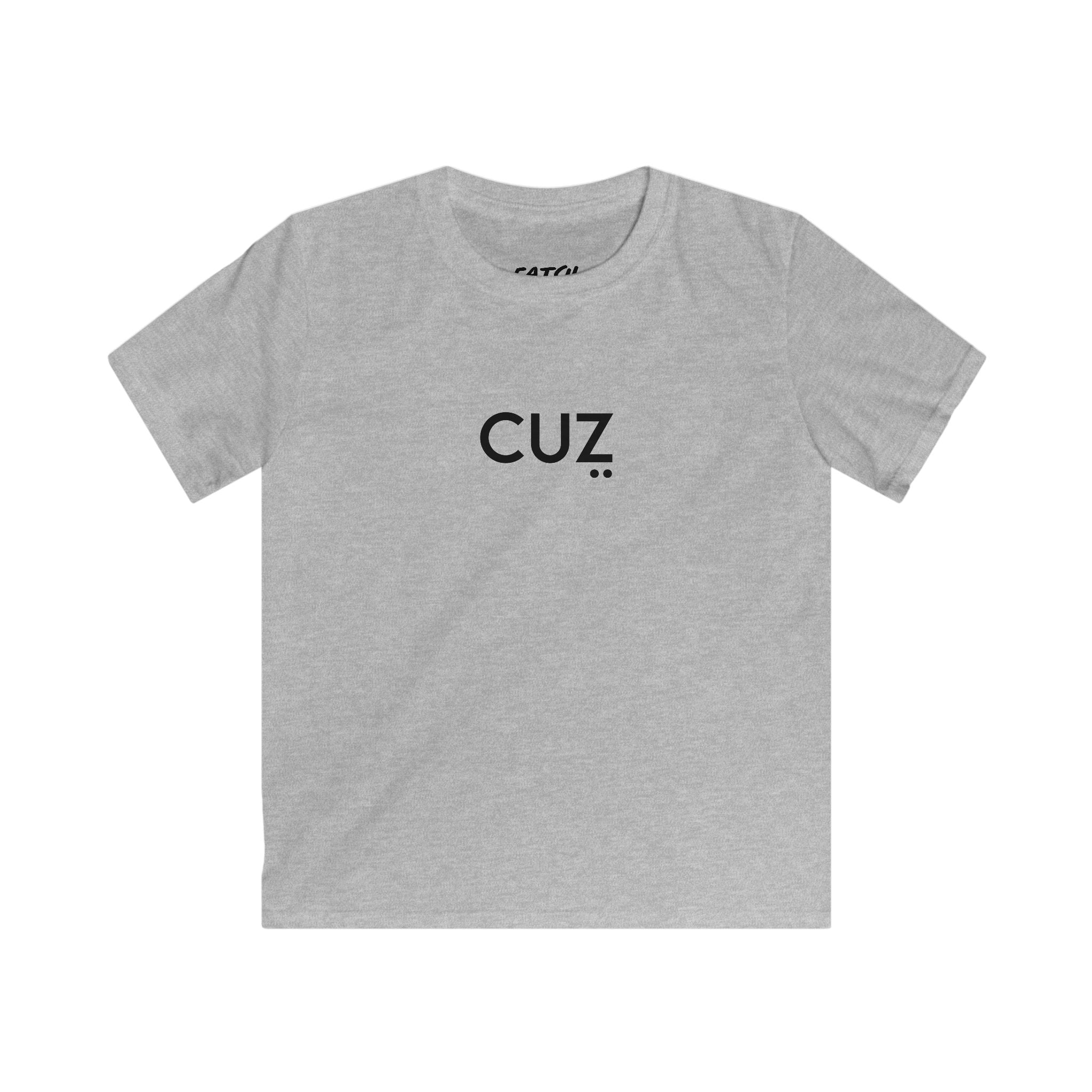 Gray t-shirt with 'CUZ' printed on it against a white background