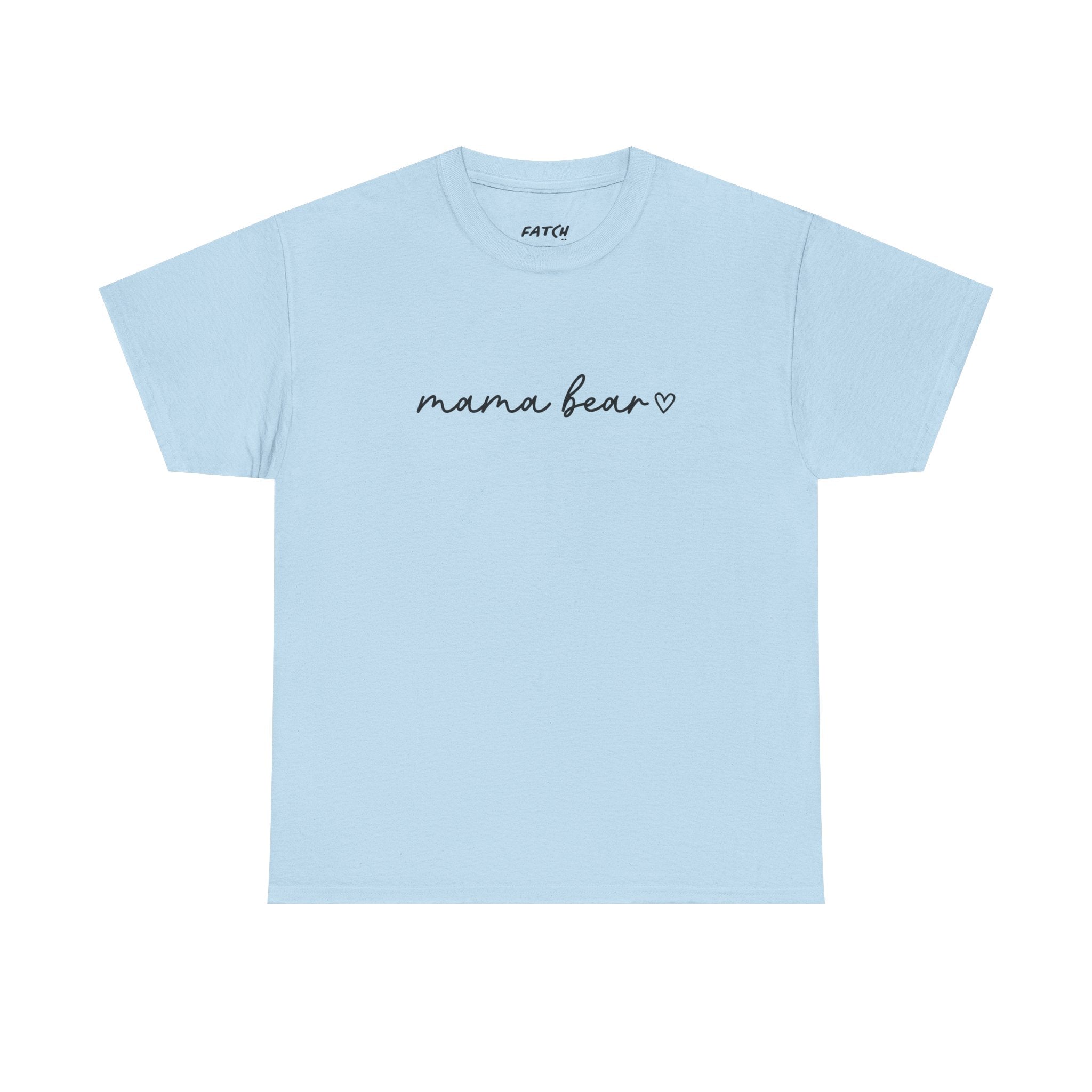 Light blue t-shirt with 'mama bear' text on a white background