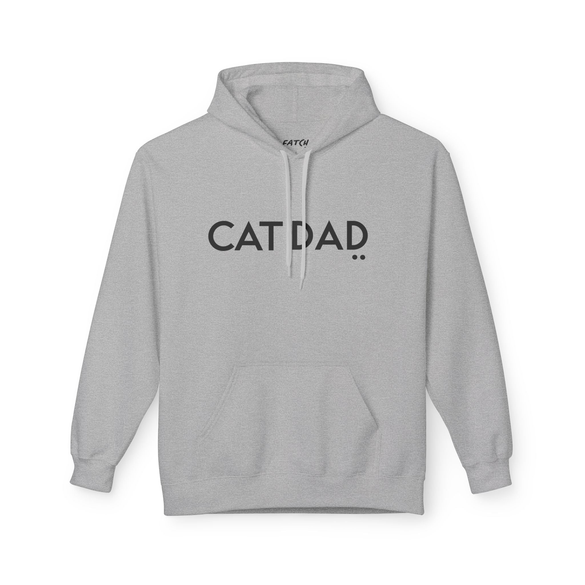 Gray hoodie with 'CAT DAD' text on a white background
