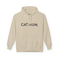 Beige hoodie with 'CAT MUM' text on a white background