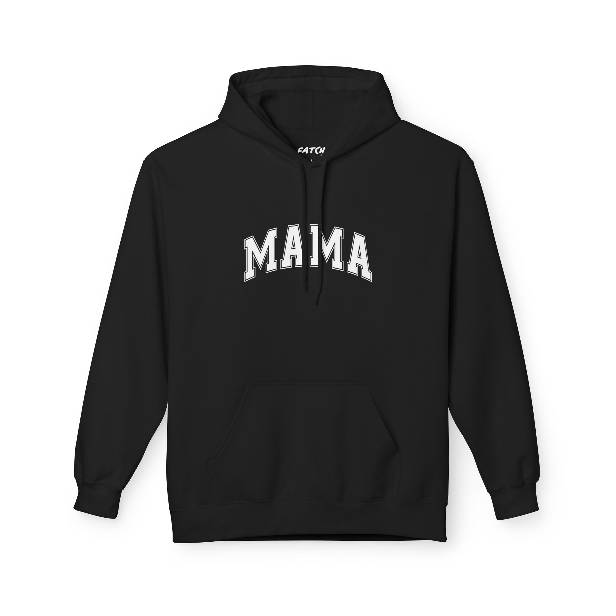 Black hoodie with 'MAMA' text on a white background