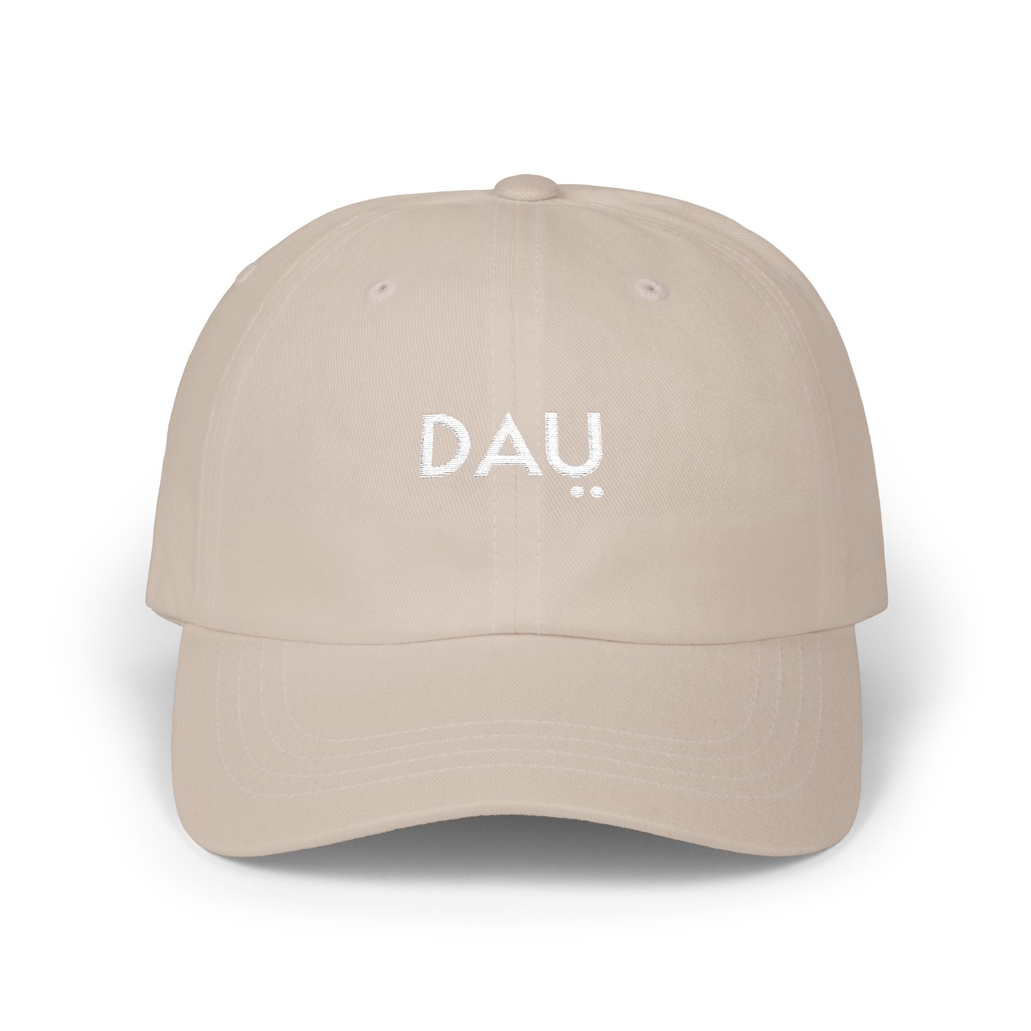 Beige cap with 'DAU' embroidered on a white background