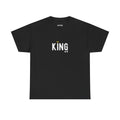 Black t-shirt with 'KING' text and a crown graphic on a white background