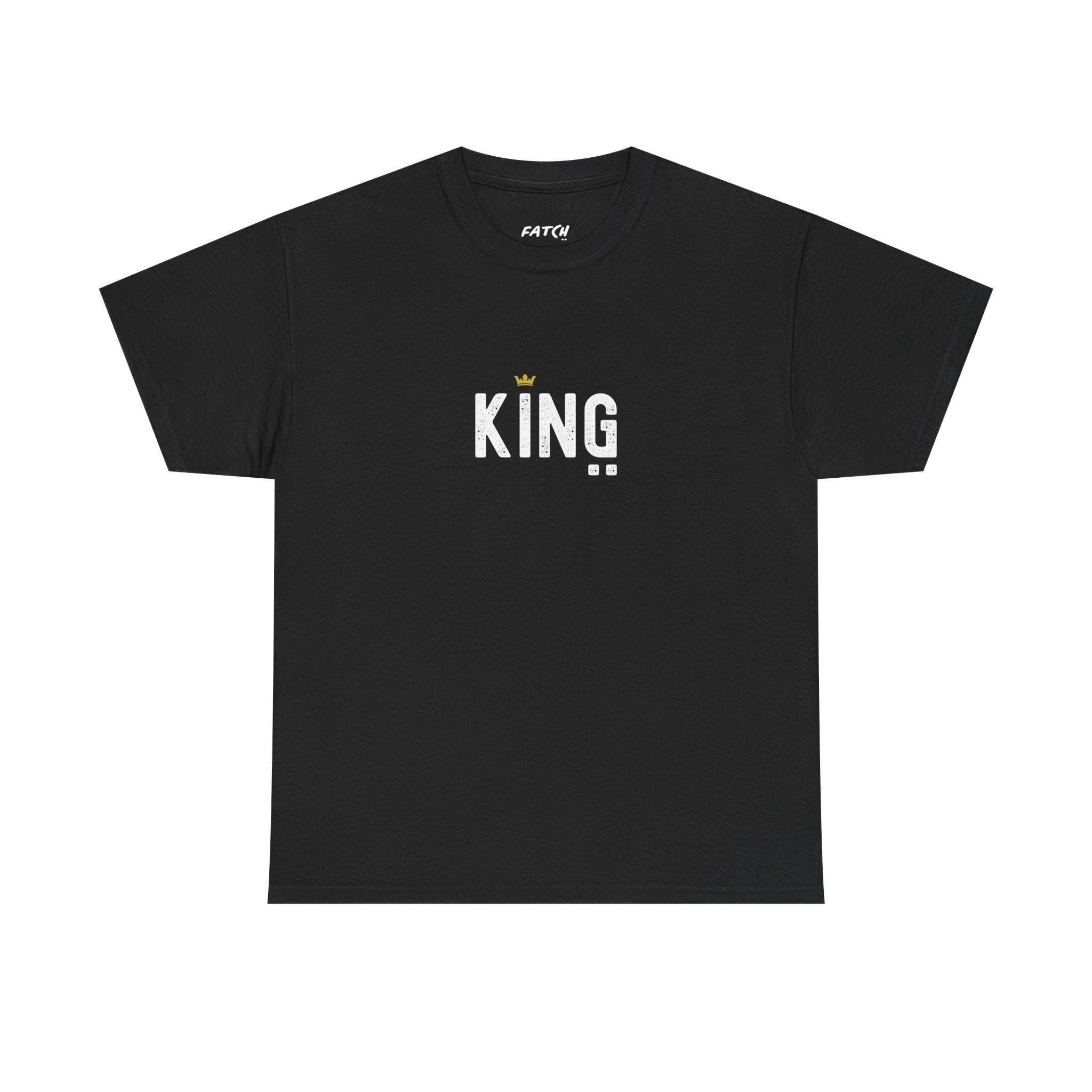 Black t-shirt with 'KING' text and a crown graphic on a white background
