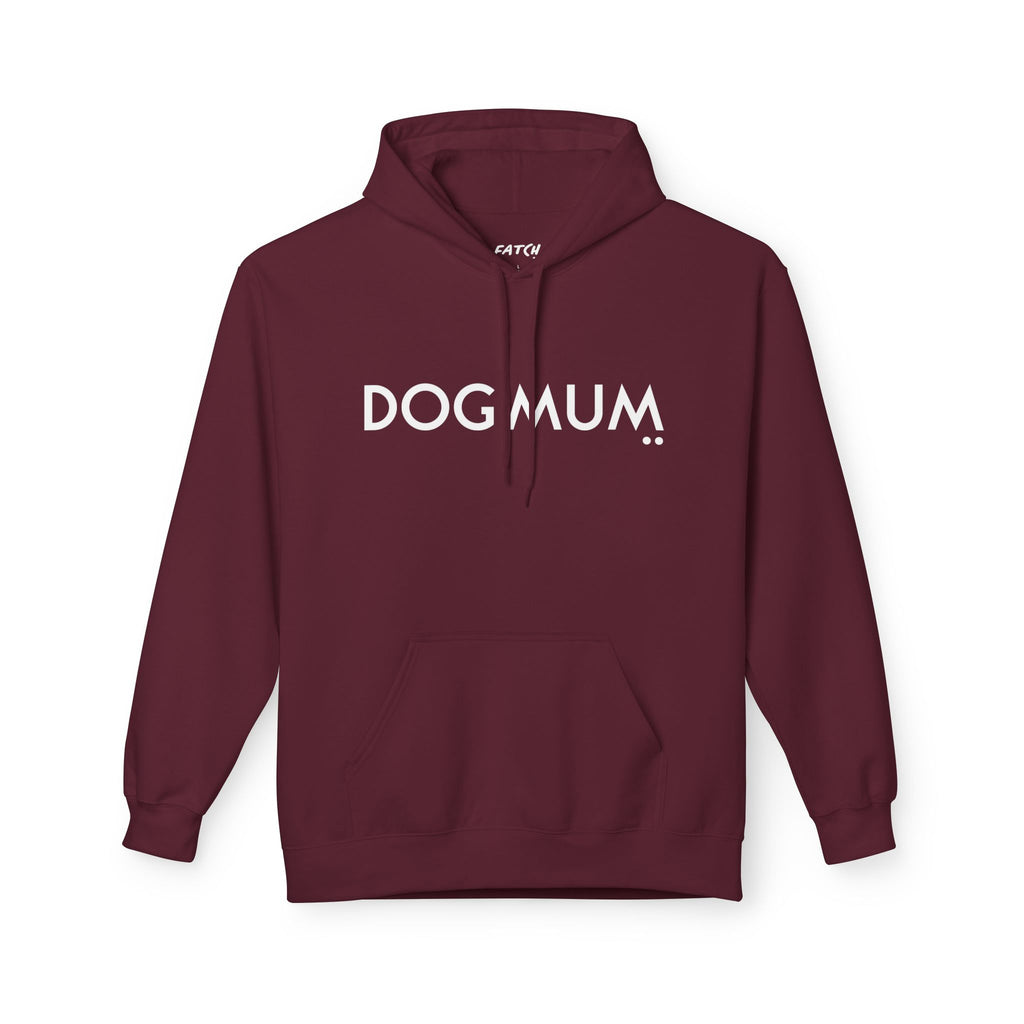 Maroon hoodie with 'DOG MUM' text on a white background