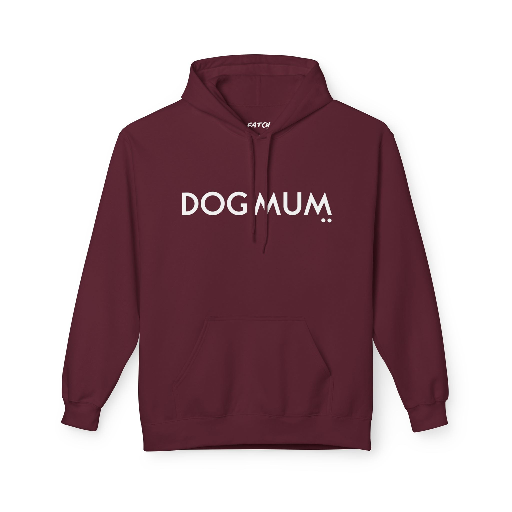 Maroon hoodie with 'DOG MUM' text on a white background