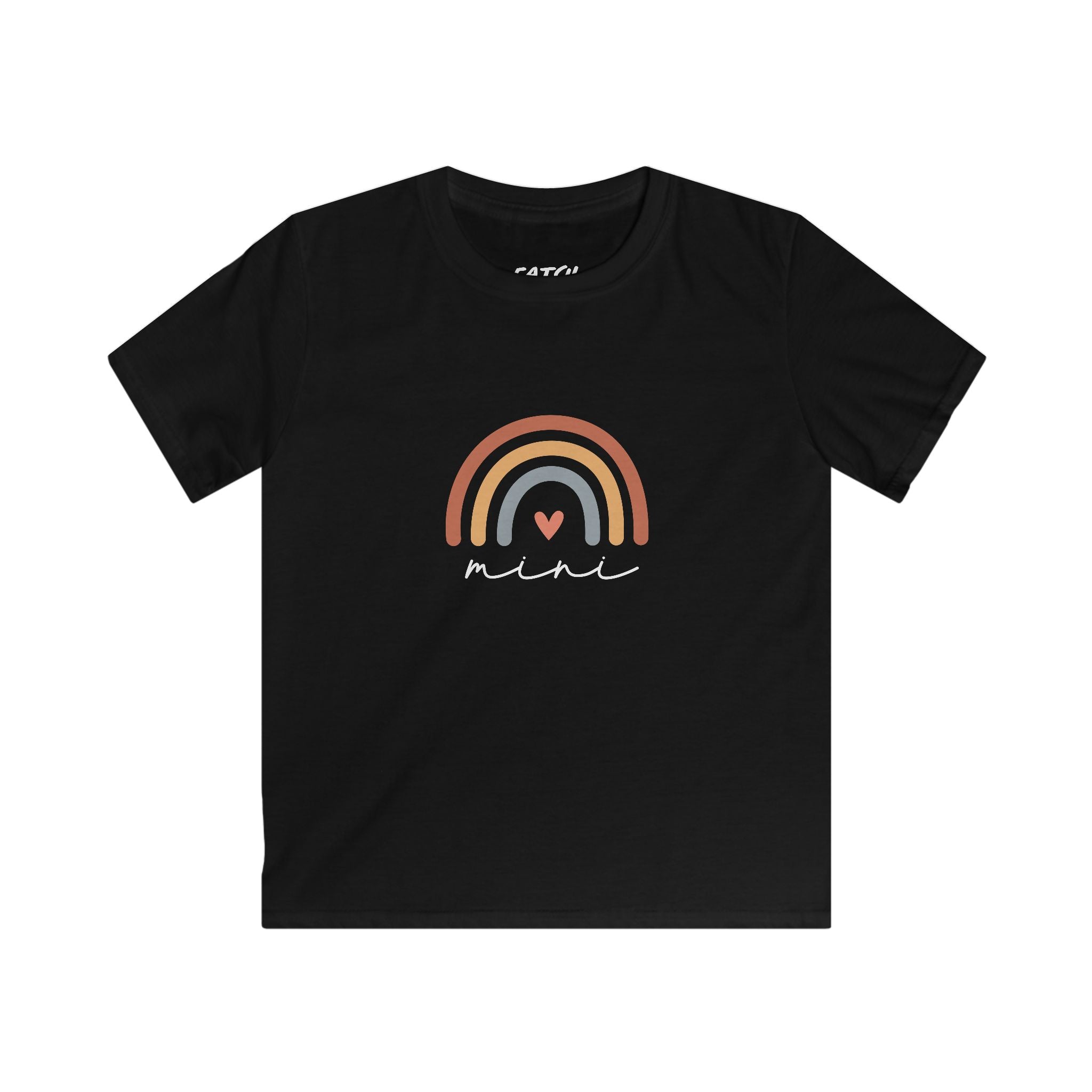 Black t-shirt with a rainbow and heart design on a white background
