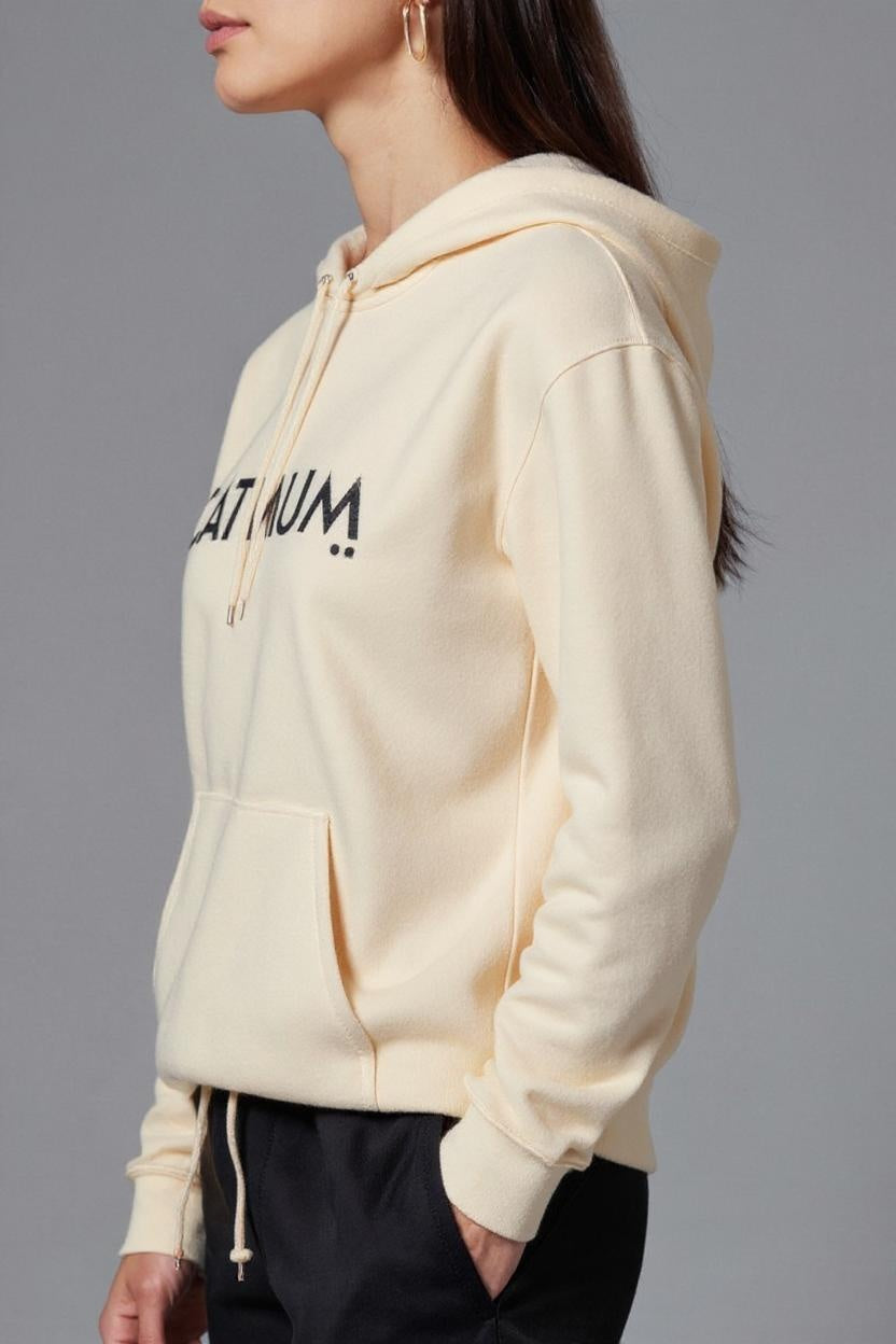 Beige hoodie with text on a gray background