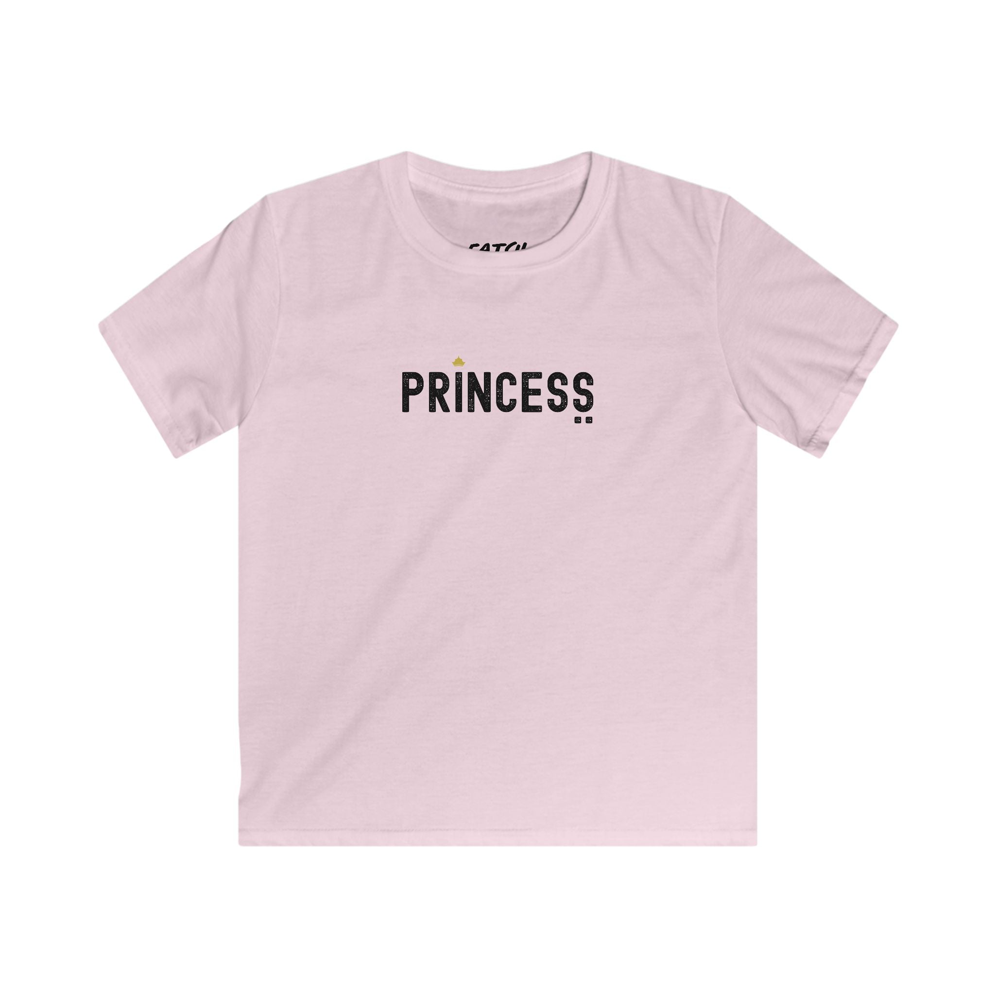 Pink t-shirt with 'PRINCESS' text on a white background