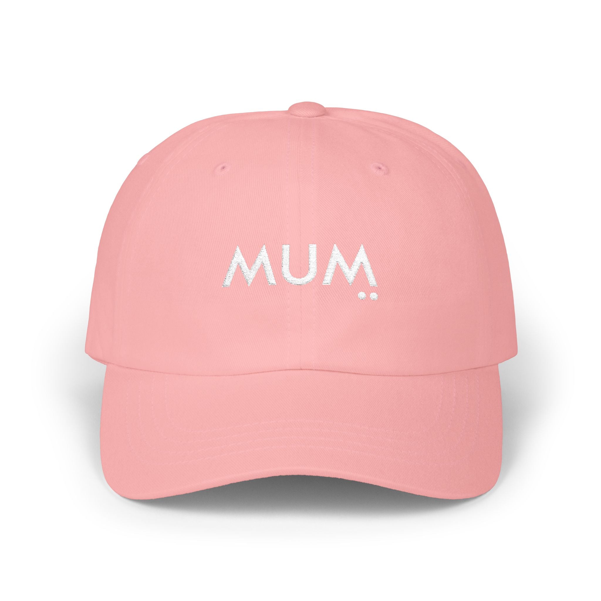 Pink cap with 'MUM' text on a white background